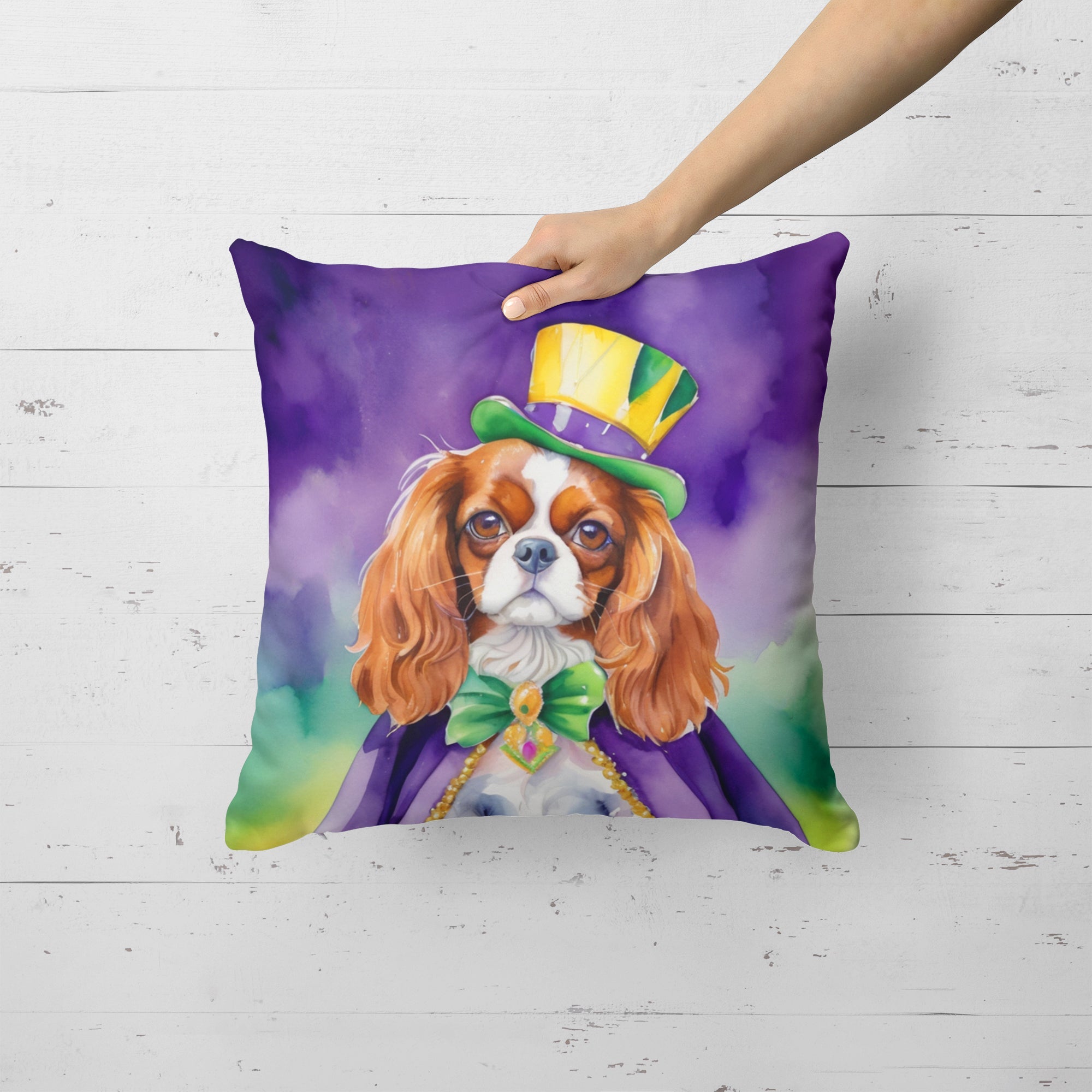 Cavalier Spaniel King of Mardi Gras Decorative Throw Pillow 18x18 Indoor Outdoor Accent Cushion, Fabric Cover with Insert for Sofa, Bed, Porch & Living Room