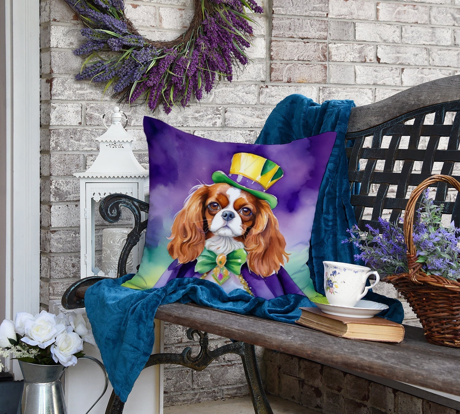 Cavalier Spaniel King of Mardi Gras Decorative Throw Pillow 18x18 Indoor Outdoor Accent Cushion, Fabric Cover with Insert for Sofa, Bed, Porch & Living Room