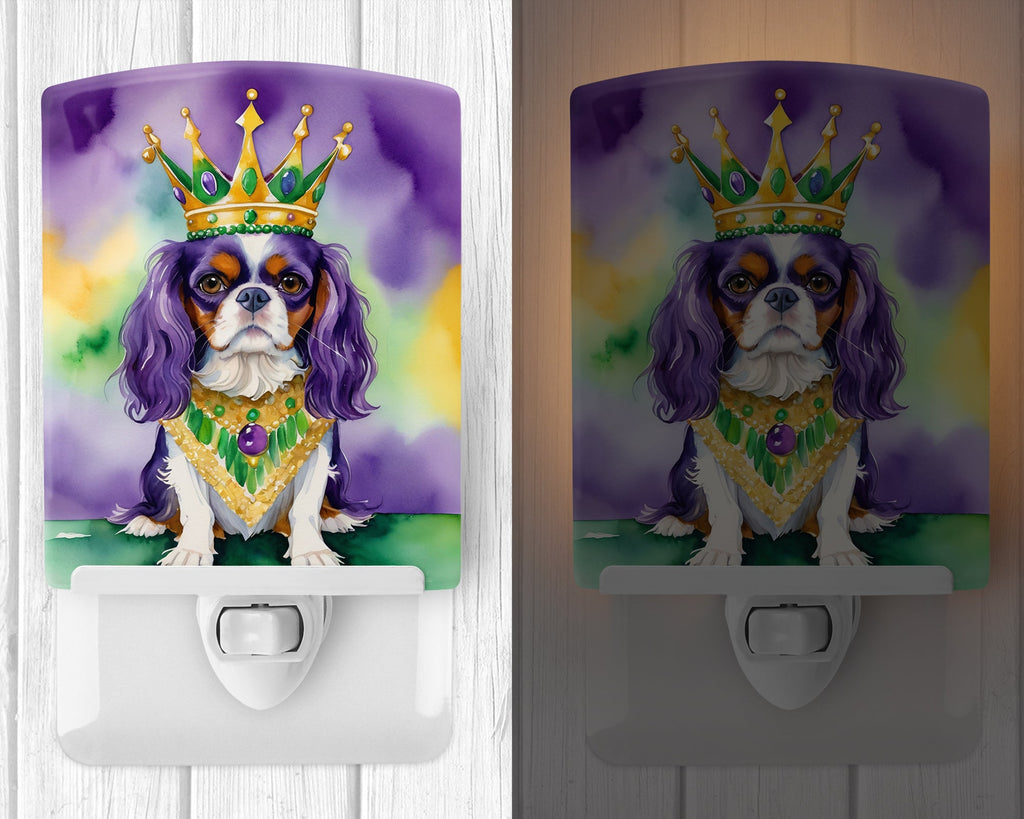 Cavalier Spaniel King of Mardi Gras Ceramic Night Light Compact, UL-Certified, Ideal for Bedroom, Bathroom, Nursery, Hallway, Kitchen, 6x4x3, Multicolor