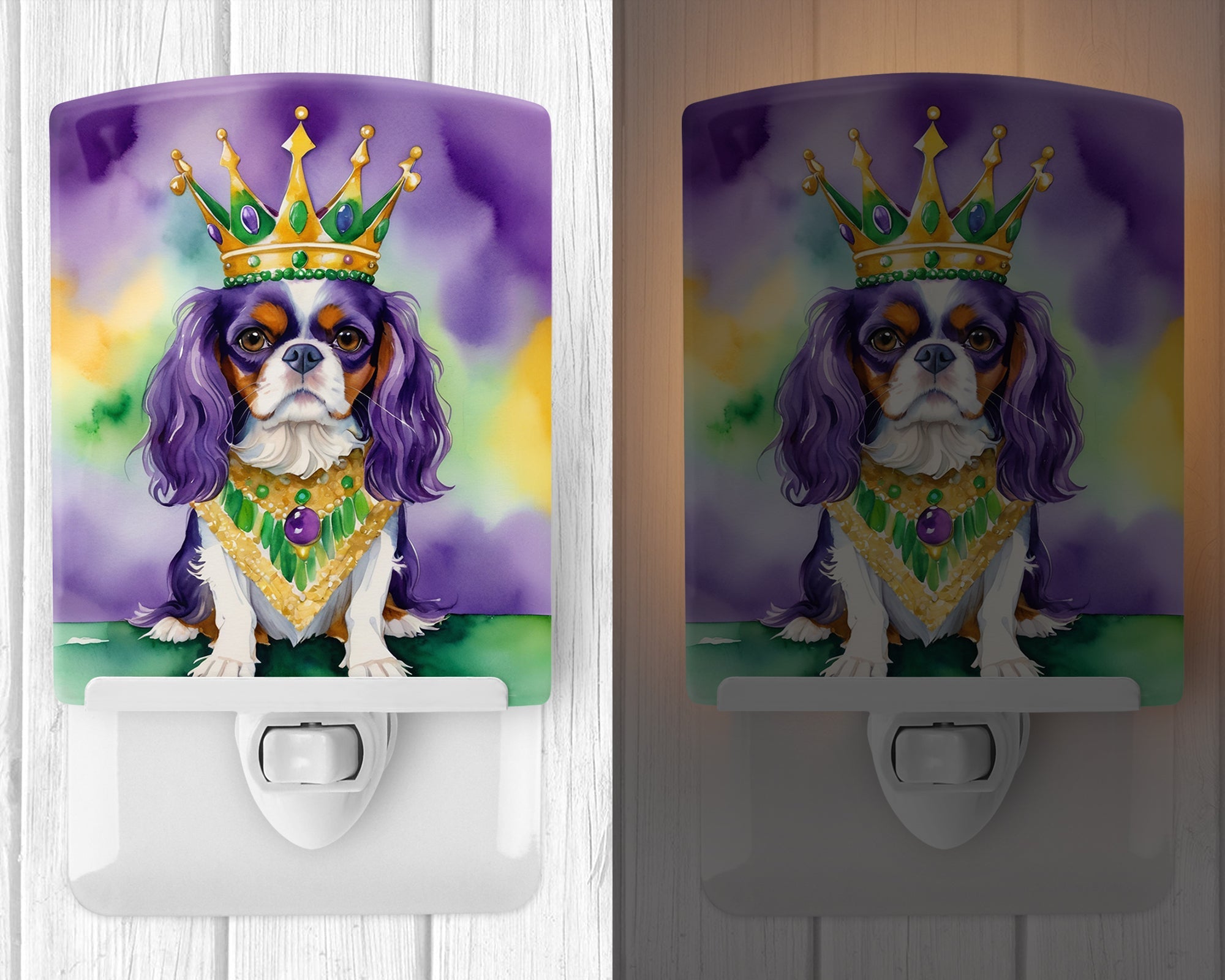 Cavalier Spaniel King of Mardi Gras Ceramic Night Light Compact, UL-Certified, Ideal for Bedroom, Bathroom, Nursery, Hallway, Kitchen, 6x4x3, Multicolor