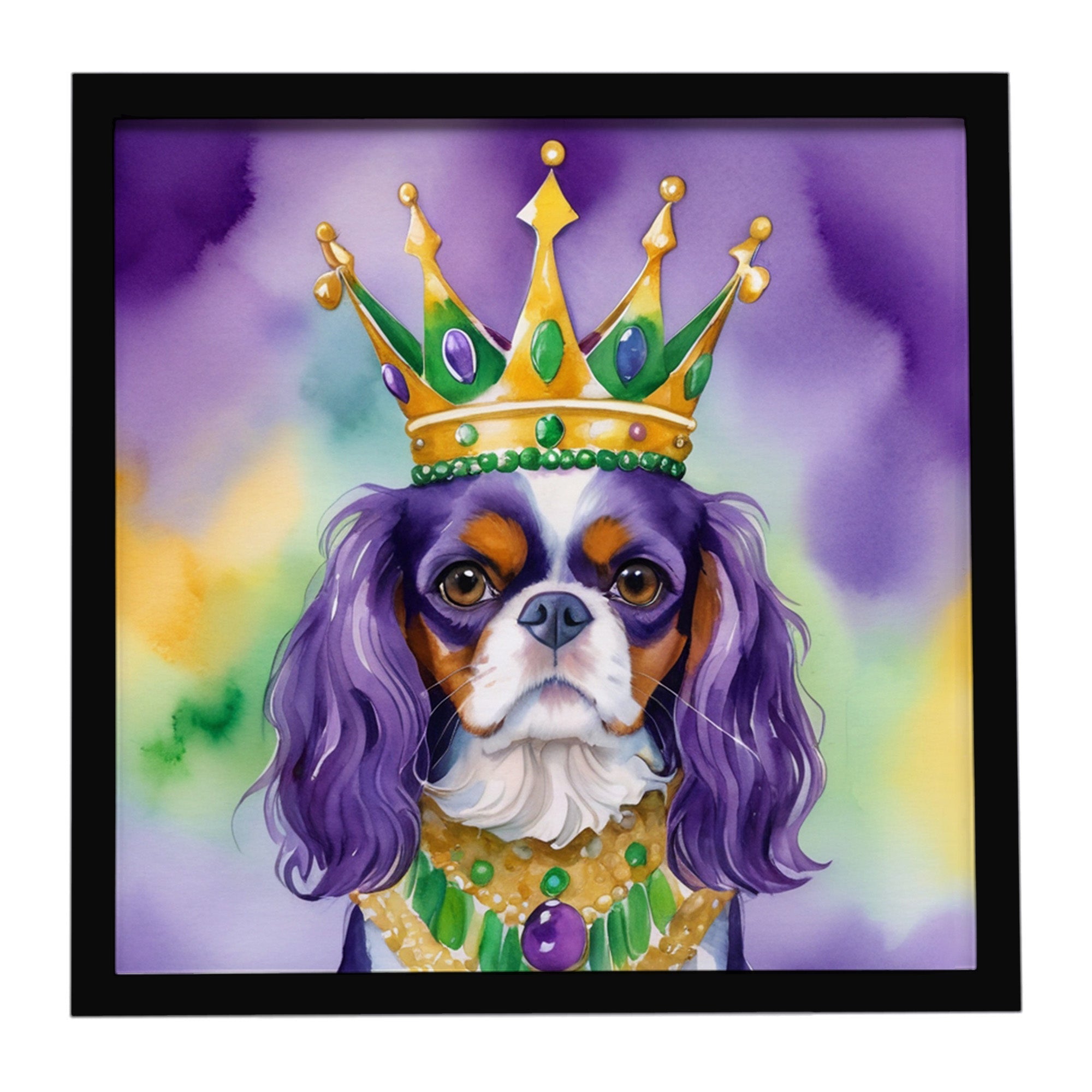 Cavalier Spaniel King of Mardi Gras Framed Metal Print Bathroom, Kitchen, Office, Home Decor Wall Art Ready to Hang, Square, 8X8
