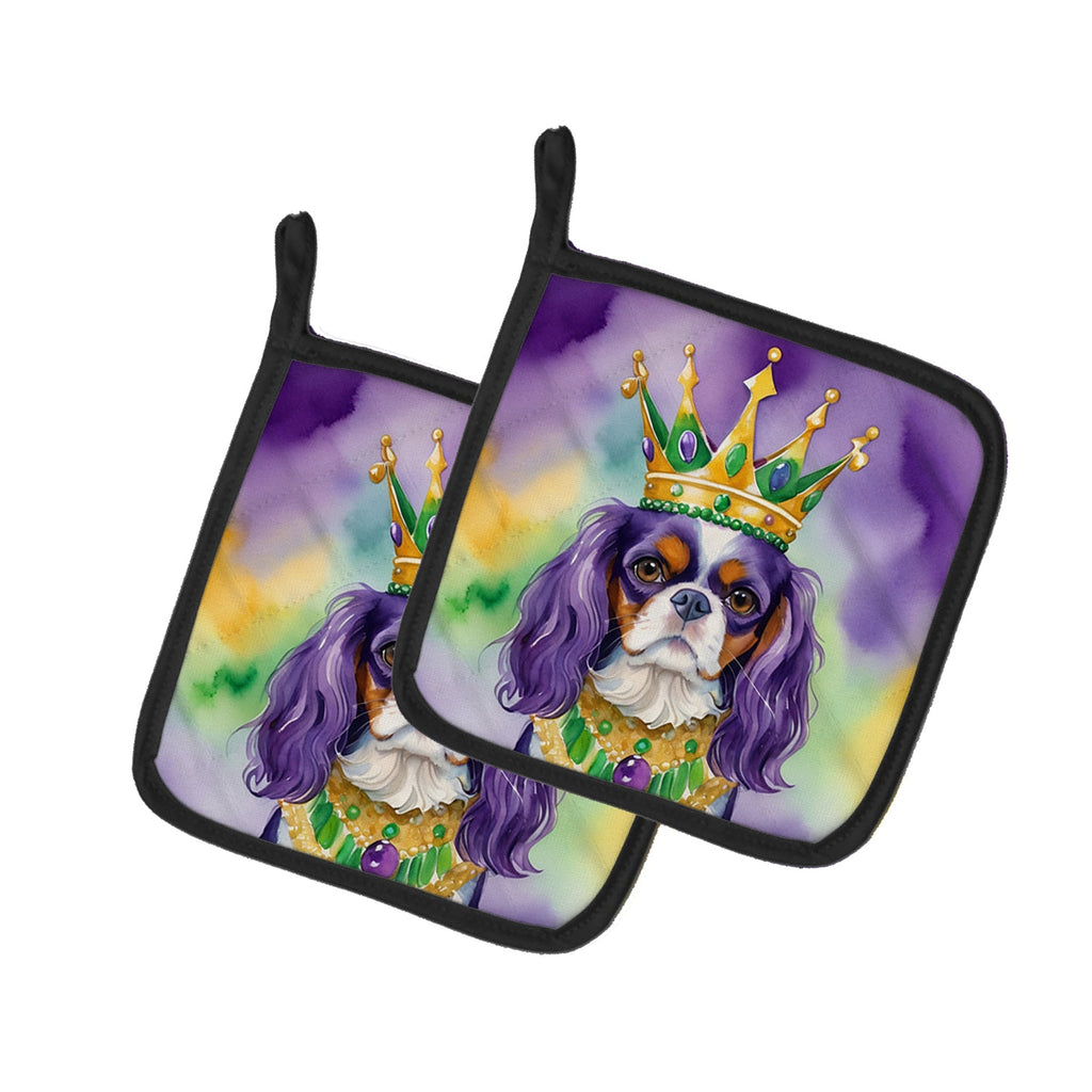 Cavalier Spaniel King of Mardi Gras Pot Holder Set of 2 Heat Resistant Quilted Hot Pads 7.5 x 7.5 Inch, Insulated Kitchen Trivets for Cooking & Baking