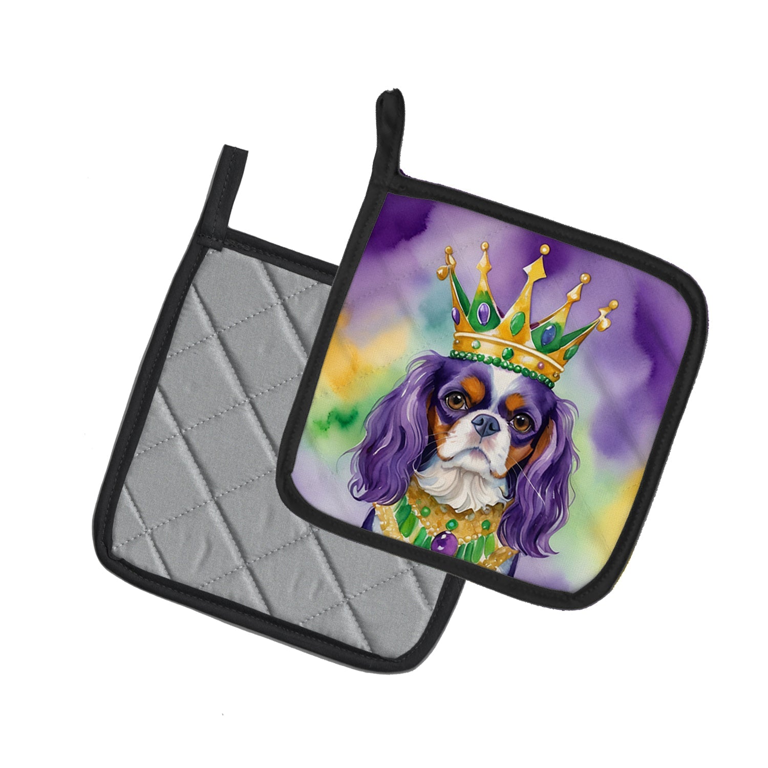 Cavalier Spaniel King of Mardi Gras Pot Holder Set of 2 Heat Resistant Quilted Hot Pads 7.5 x 7.5 Inch, Insulated Kitchen Trivets for Cooking & Baking
