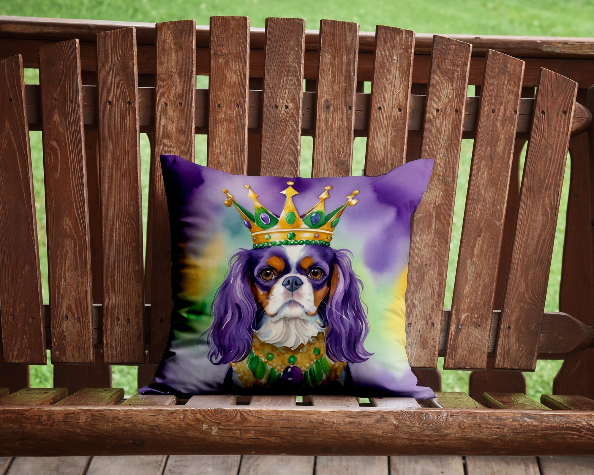 Cavalier Spaniel King of Mardi Gras Decorative Throw Pillow 14x14 Indoor Outdoor Accent Cushion, Fabric Cover with Insert for Sofa, Bed, Porch & Living Room