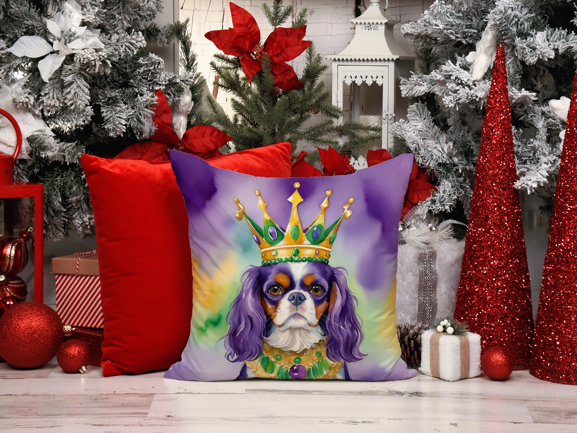 Cavalier Spaniel King of Mardi Gras Decorative Throw Pillow 14x14 Indoor Outdoor Accent Cushion, Fabric Cover with Insert for Sofa, Bed, Porch & Living Room
