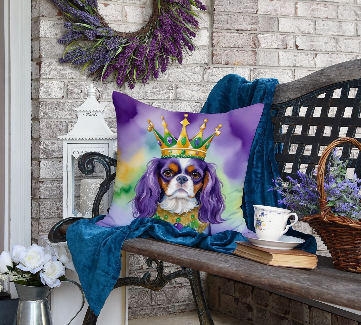 Cavalier Spaniel King of Mardi Gras Decorative Throw Pillow 18x18 Indoor Outdoor Accent Cushion, Fabric Cover with Insert for Sofa, Bed, Porch & Living Room