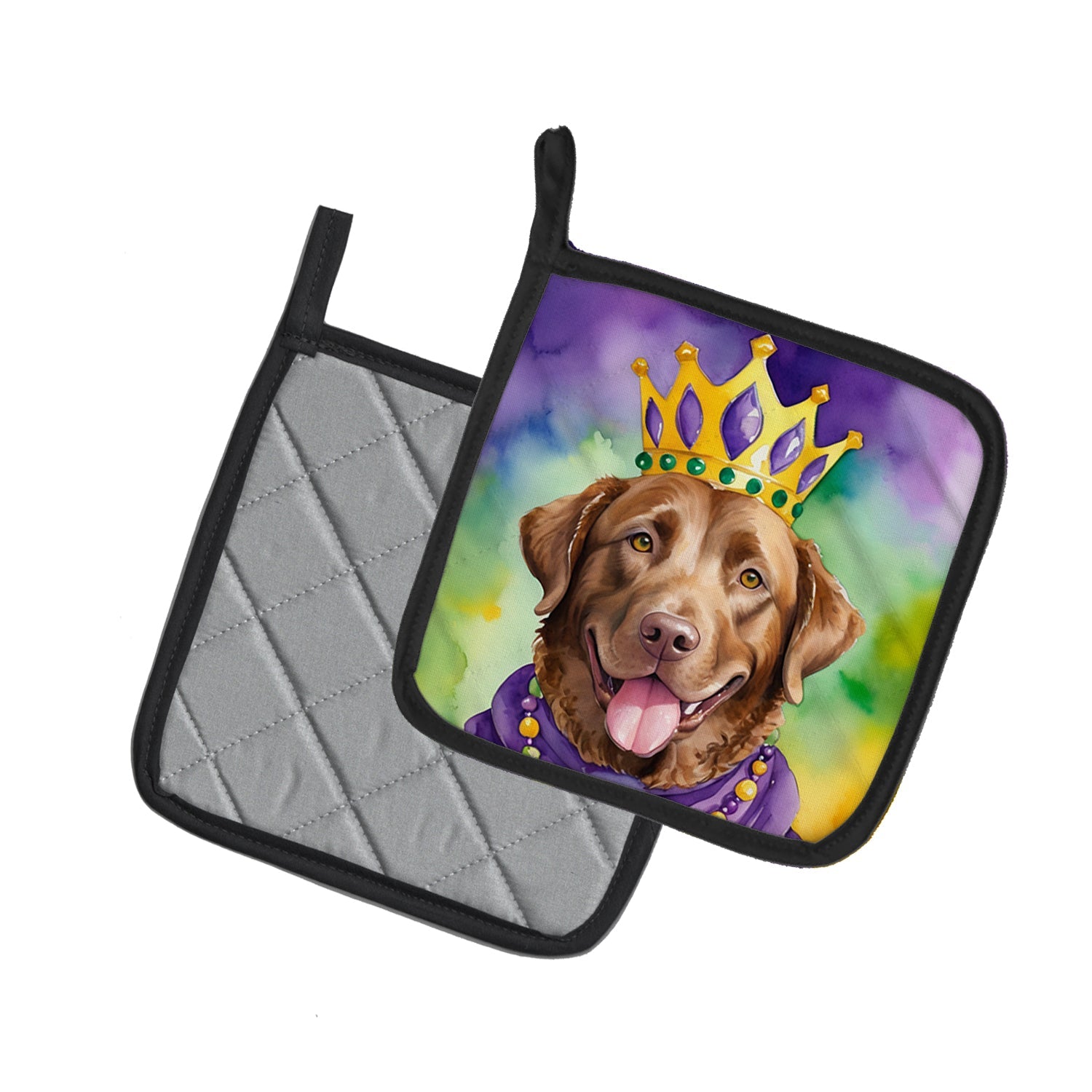 Chesapeake Bay Retriever King of Mardi Gras Pot Holder Set of 2 Heat Resistant Quilted Hot Pads 7.5 x 7.5 Inch, Insulated Kitchen Trivets for Cooking & Baking