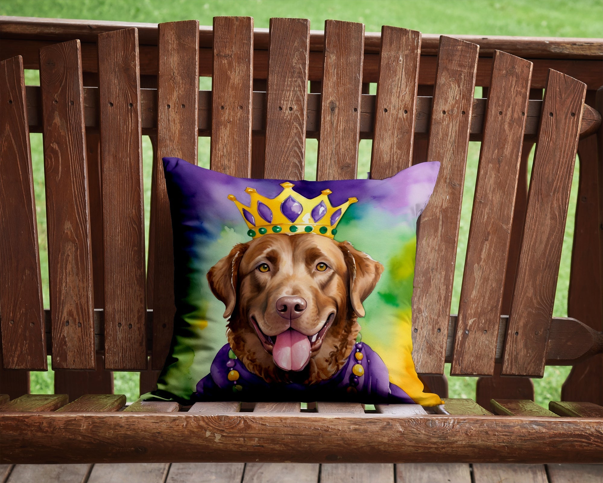 Chesapeake Bay Retriever King of Mardi Gras Decorative Throw Pillow 14x14 Indoor Outdoor Accent Cushion, Fabric Cover with Insert for Sofa, Bed, Porch & Living Room