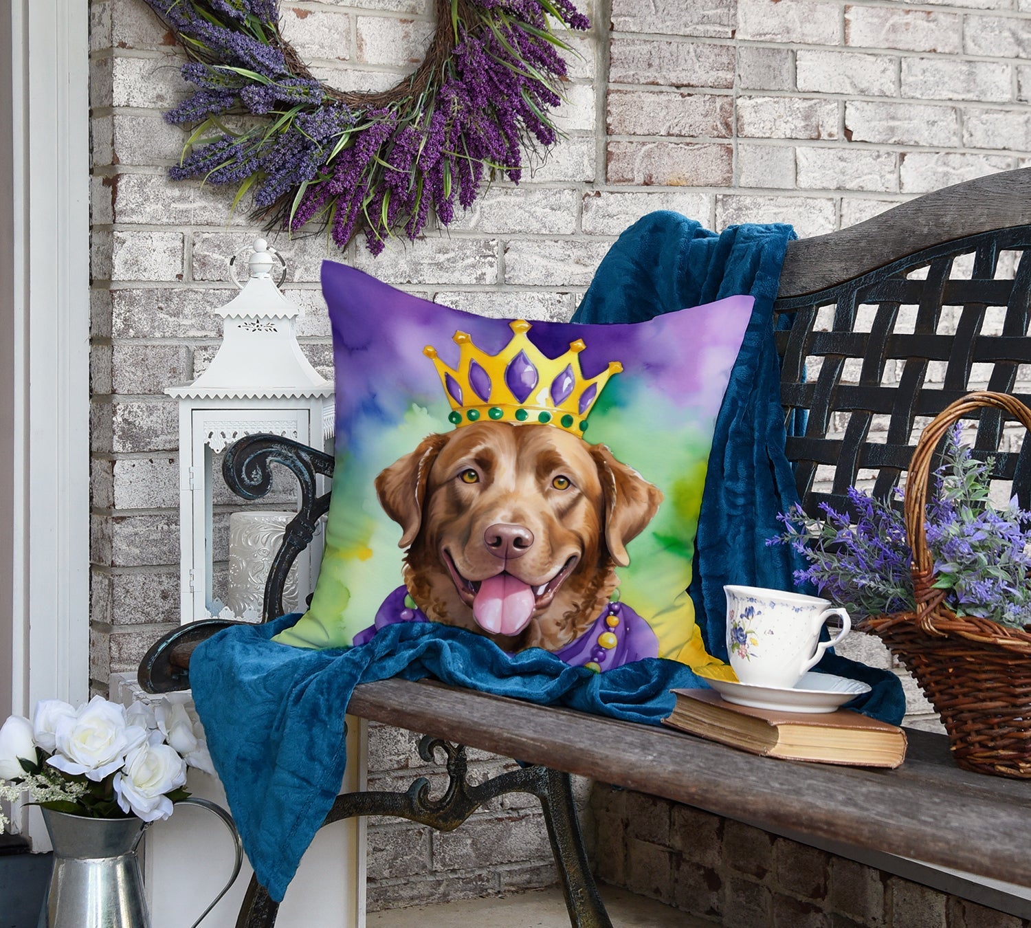 Chesapeake Bay Retriever King of Mardi Gras Decorative Throw Pillow 18x18 Indoor Outdoor Accent Cushion, Fabric Cover with Insert for Sofa, Bed, Porch & Living Room