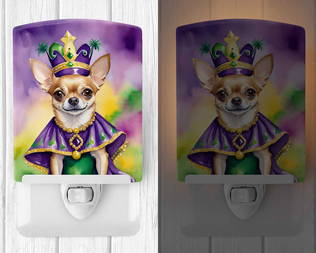 Chihuahua King of Mardi Gras Ceramic Night Light Compact, UL-Certified, Ideal for Bedroom, Bathroom, Nursery, Hallway, Kitchen, 6x4x3, Multicolor
