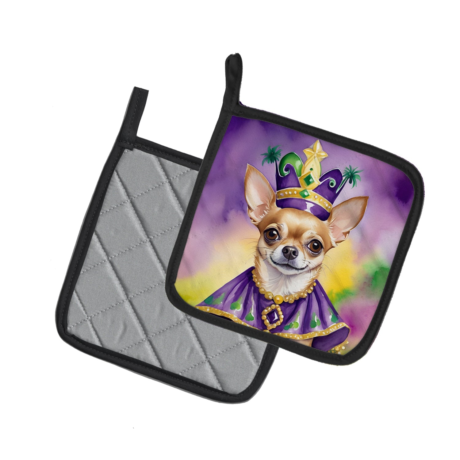Chihuahua King of Mardi Gras Pot Holder Set of 2 Heat Resistant Quilted Hot Pads 7.5 x 7.5 Inch, Insulated Kitchen Trivets for Cooking & Baking