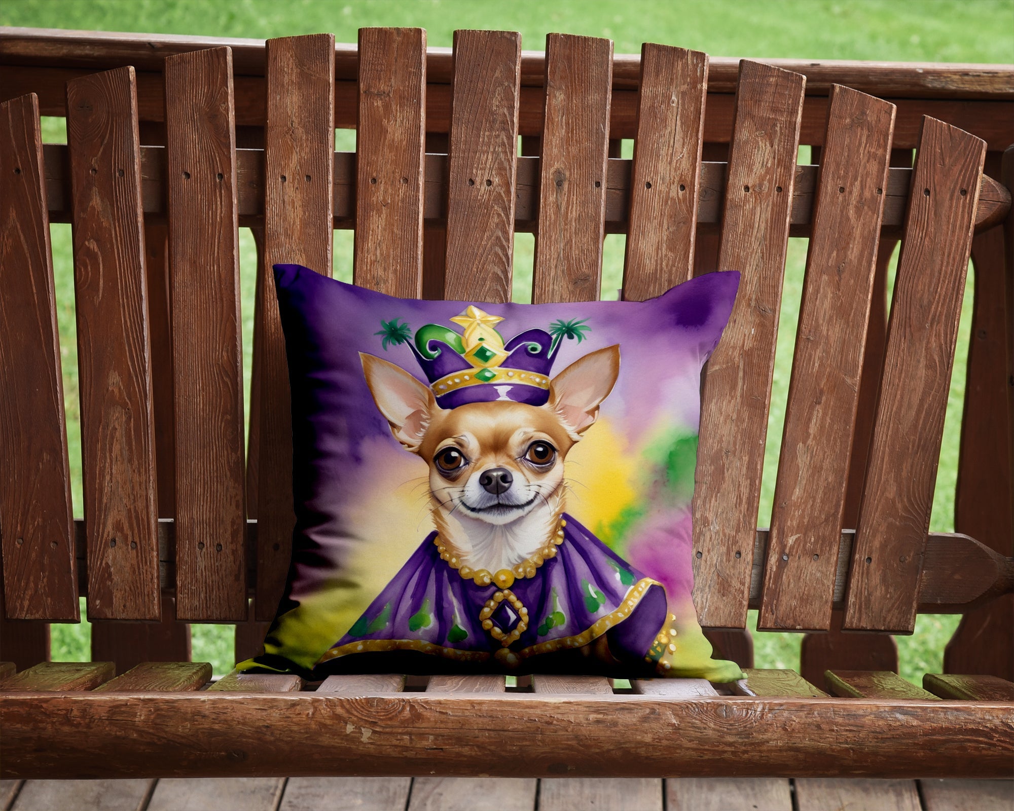 Chihuahua King of Mardi Gras Decorative Throw Pillow 14x14 Indoor Outdoor Accent Cushion, Fabric Cover with Insert for Sofa, Bed, Porch & Living Room