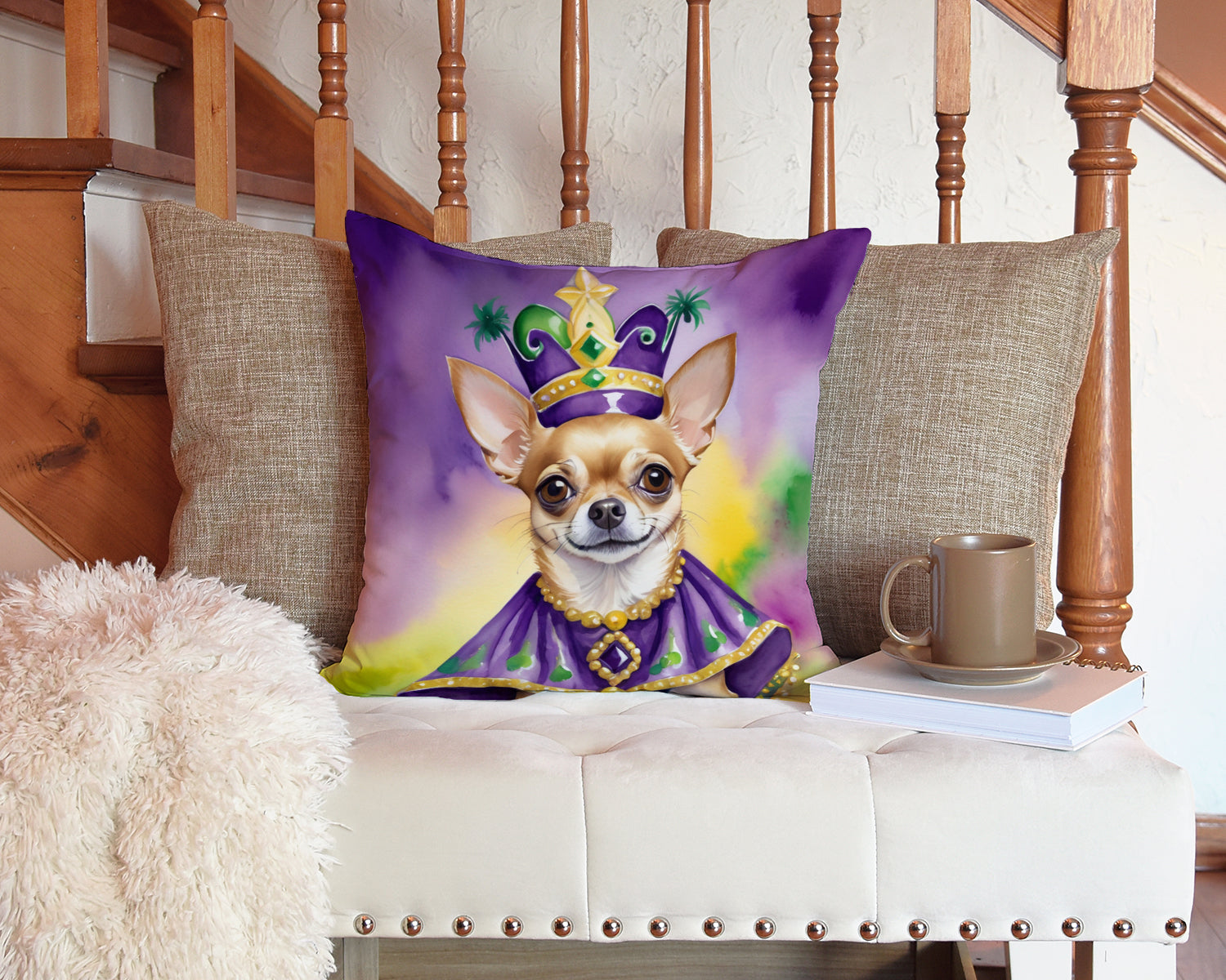 Chihuahua King of Mardi Gras Decorative Throw Pillow 14x14 Indoor Outdoor Accent Cushion, Fabric Cover with Insert for Sofa, Bed, Porch & Living Room