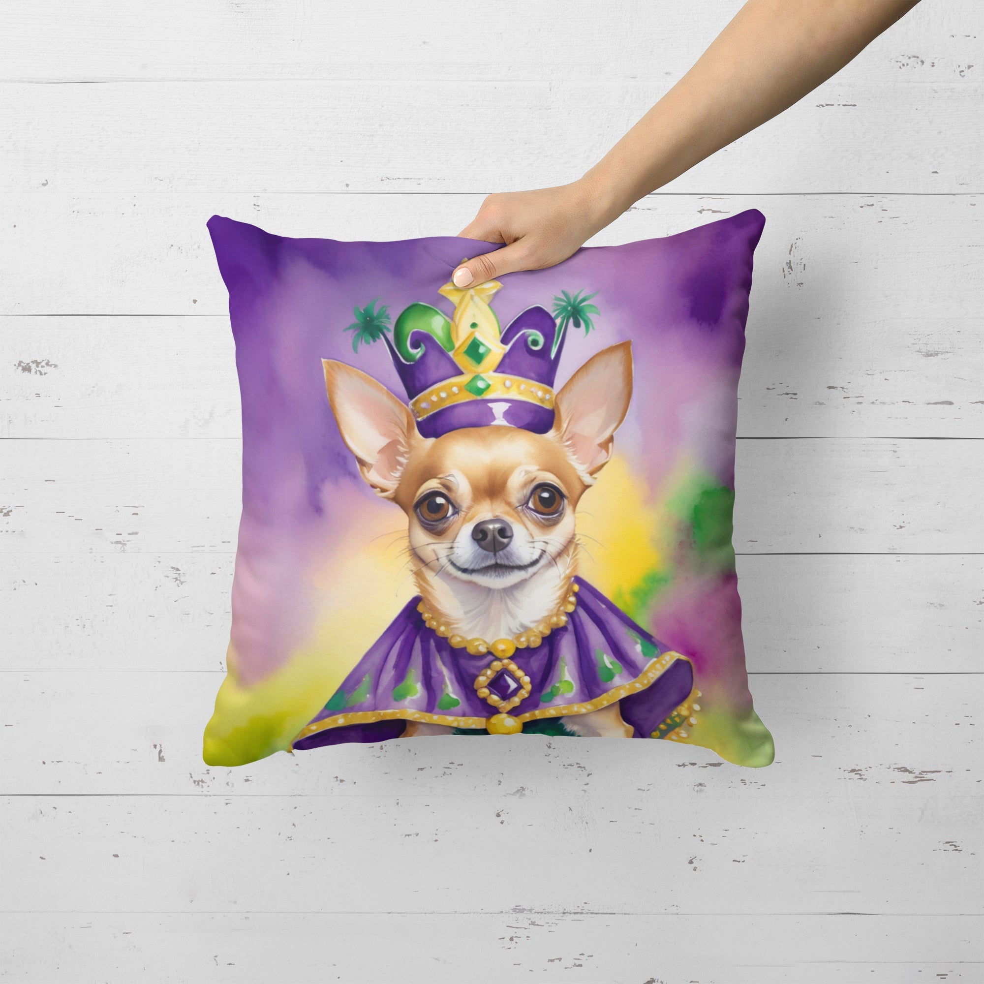 Chihuahua King of Mardi Gras Decorative Throw Pillow 18x18 Indoor Outdoor Accent Cushion, Fabric Cover with Insert for Sofa, Bed, Porch & Living Room