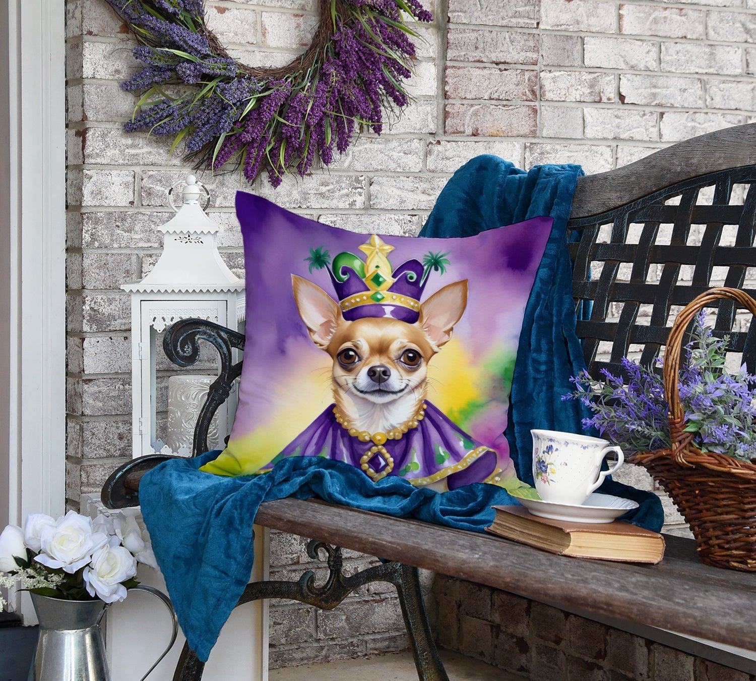 Chihuahua King of Mardi Gras Decorative Throw Pillow 18x18 Indoor Outdoor Accent Cushion, Fabric Cover with Insert for Sofa, Bed, Porch & Living Room