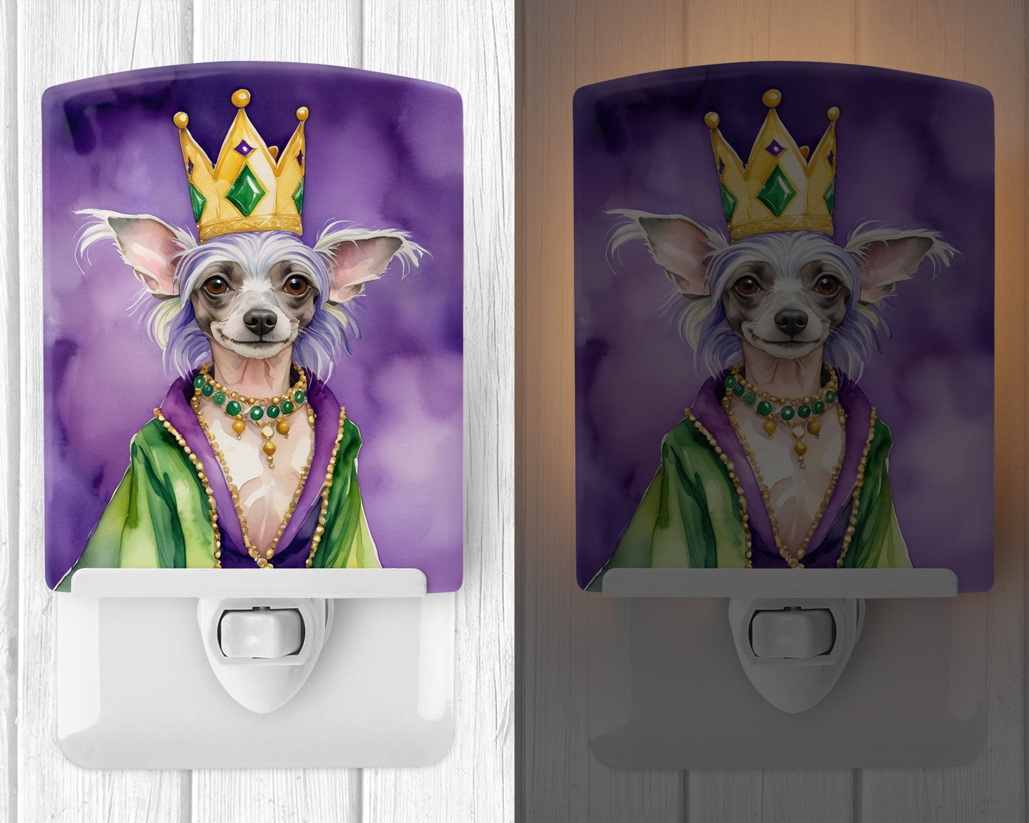 Chinese Crested King of Mardi Gras Ceramic Night Light Compact, UL-Certified, Ideal for Bedroom, Bathroom, Nursery, Hallway, Kitchen, 6x4x3, Multicolor