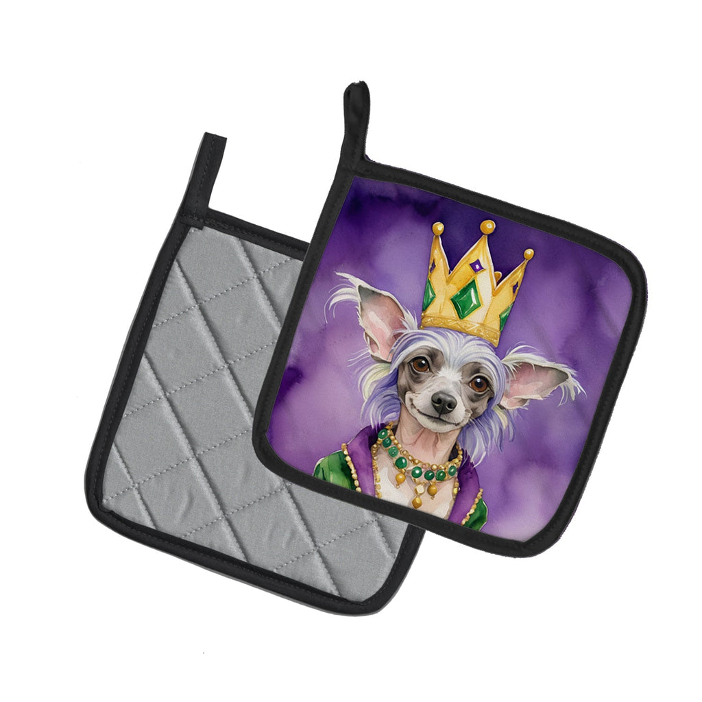 Chinese Crested King of Mardi Gras Pot Holder Set of 2 Heat Resistant Quilted Hot Pads 7.5 x 7.5 Inch, Insulated Kitchen Trivets for Cooking & Baking