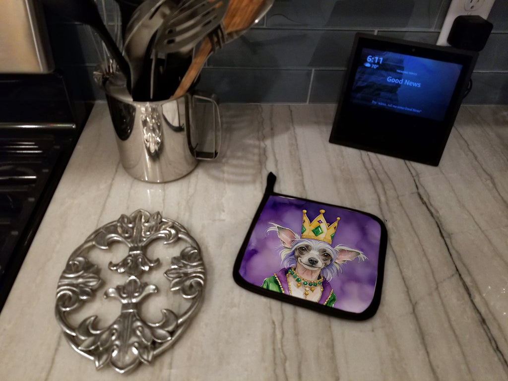 Chinese Crested King of Mardi Gras Pot Holder Set of 2 Heat Resistant Quilted Hot Pads 7.5 x 7.5 Inch, Insulated Kitchen Trivets for Cooking & Baking