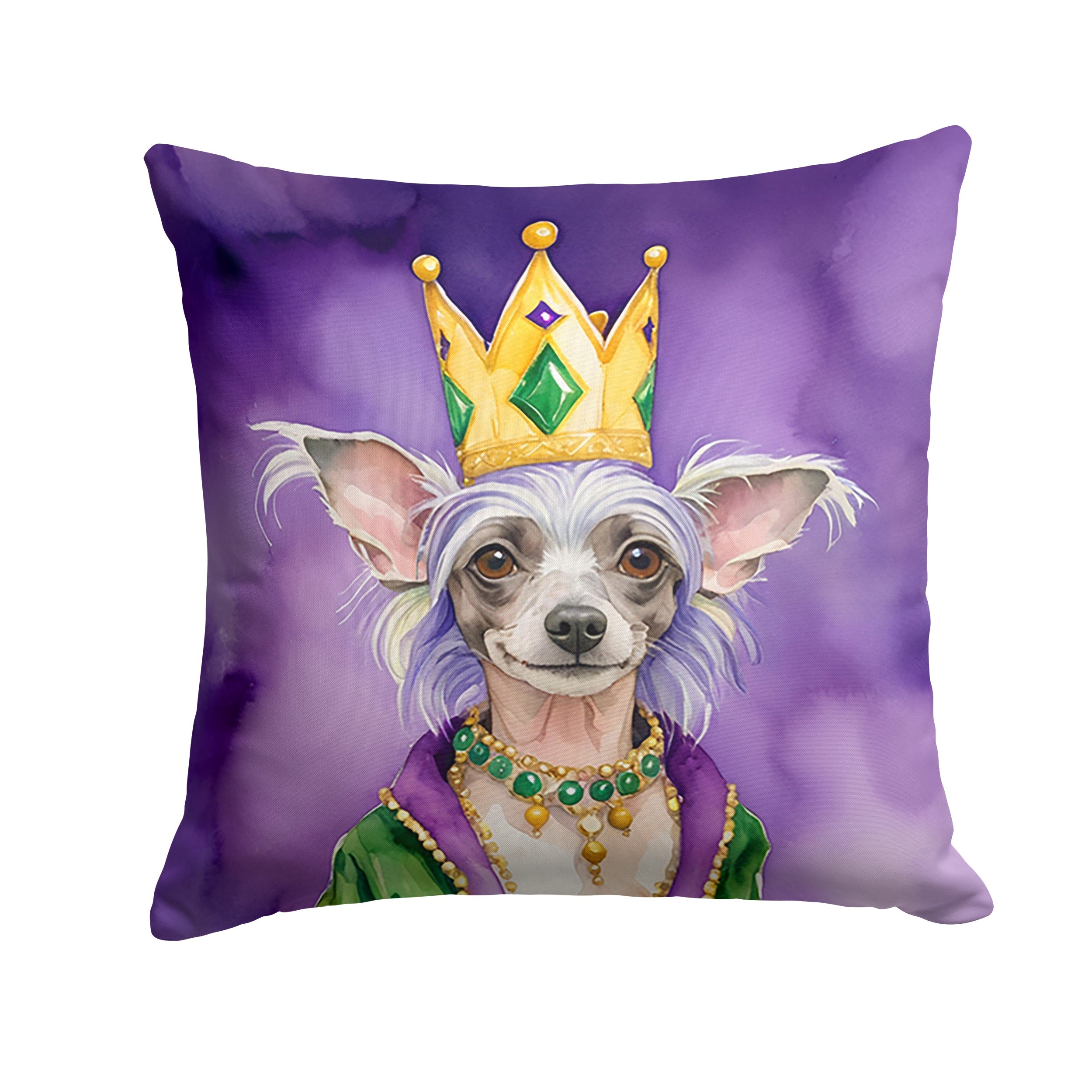 Chinese Crested King of Mardi Gras Decorative Throw Pillow 14x14 Indoor Outdoor Accent Cushion, Fabric Cover with Insert for Sofa, Bed, Porch & Living Room