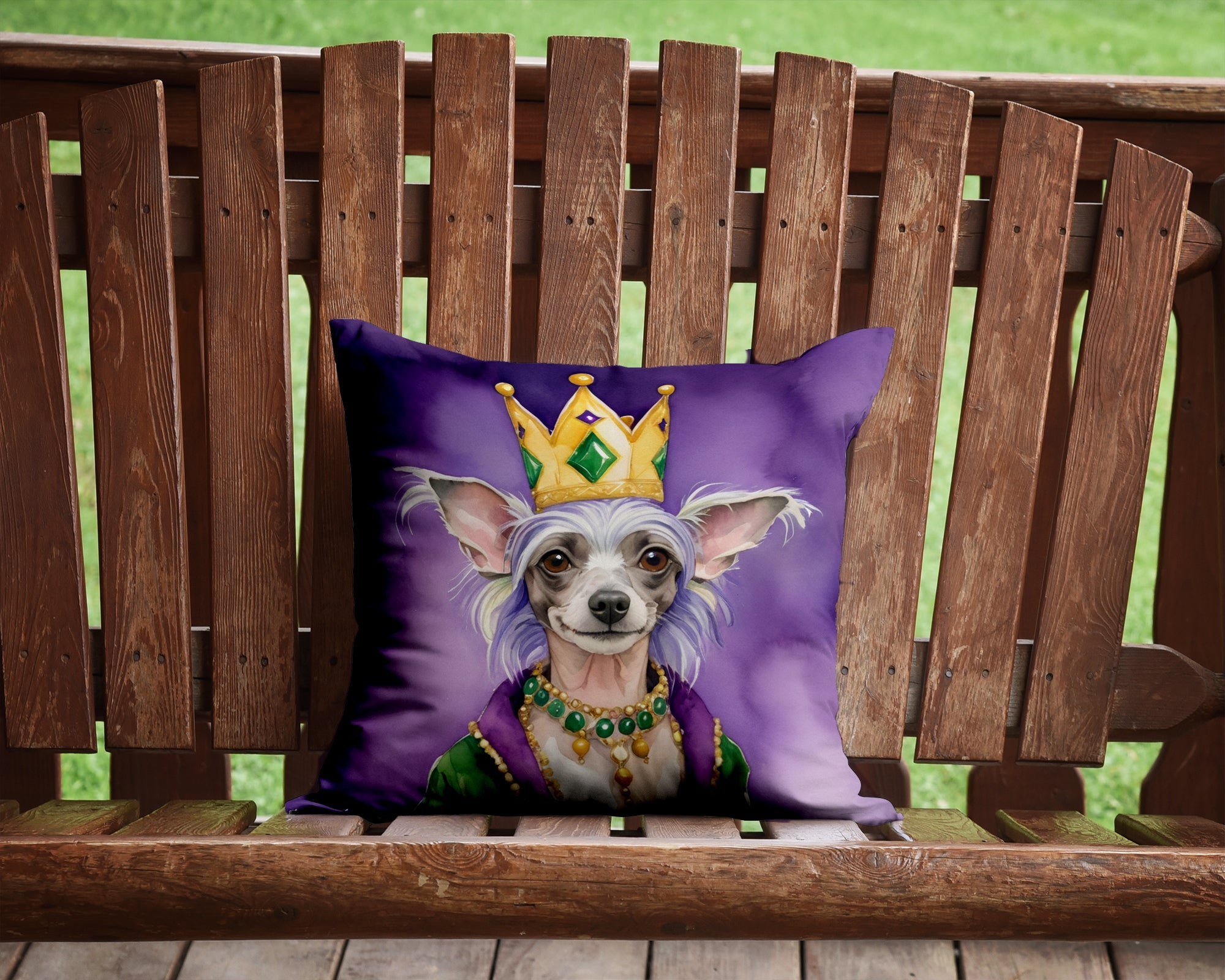 Chinese Crested King of Mardi Gras Decorative Throw Pillow 14x14 Indoor Outdoor Accent Cushion, Fabric Cover with Insert for Sofa, Bed, Porch & Living Room