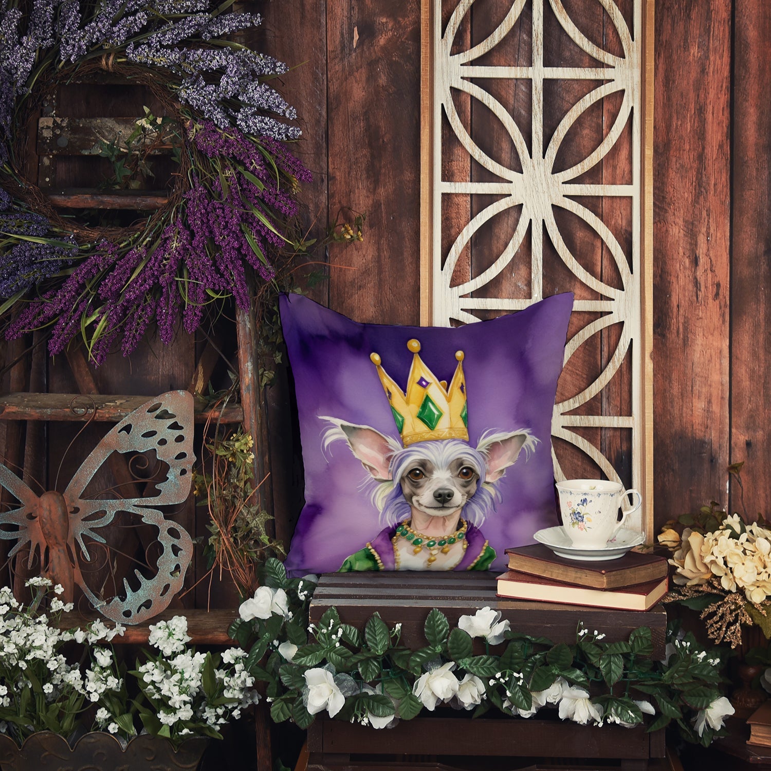 Chinese Crested King of Mardi Gras Decorative Throw Pillow 14x14 Indoor Outdoor Accent Cushion, Fabric Cover with Insert for Sofa, Bed, Porch & Living Room