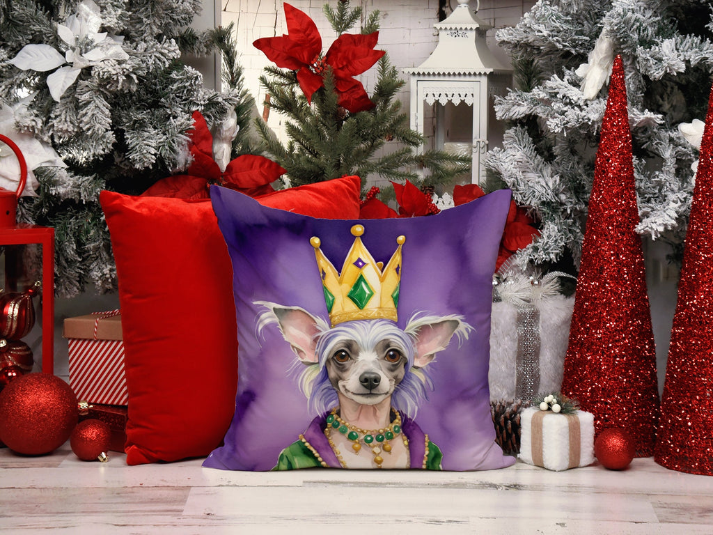 Chinese Crested King of Mardi Gras Decorative Throw Pillow 14x14 Indoor Outdoor Accent Cushion, Fabric Cover with Insert for Sofa, Bed, Porch & Living Room