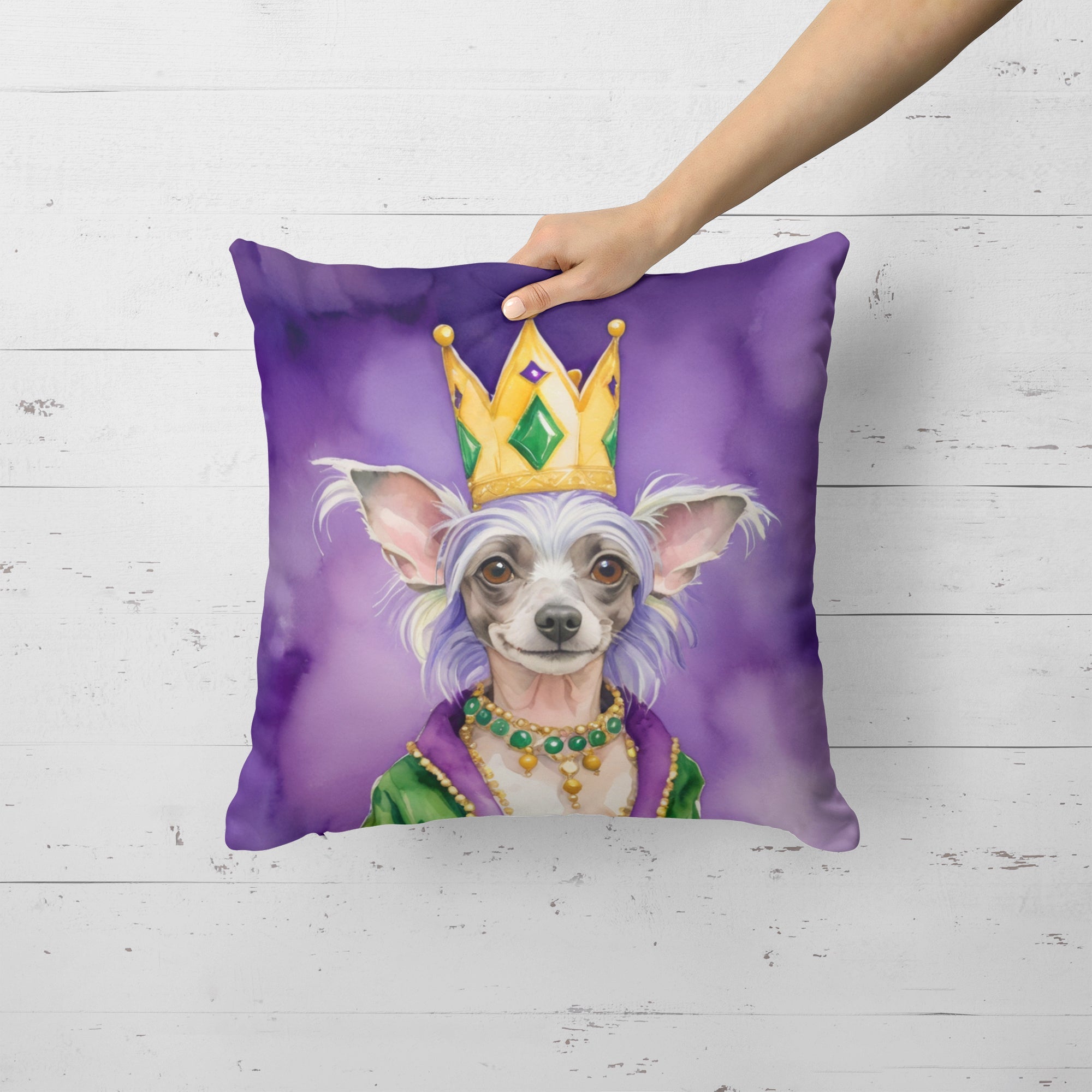 Chinese Crested King of Mardi Gras Decorative Throw Pillow 18x18 Indoor Outdoor Accent Cushion, Fabric Cover with Insert for Sofa, Bed, Porch & Living Room