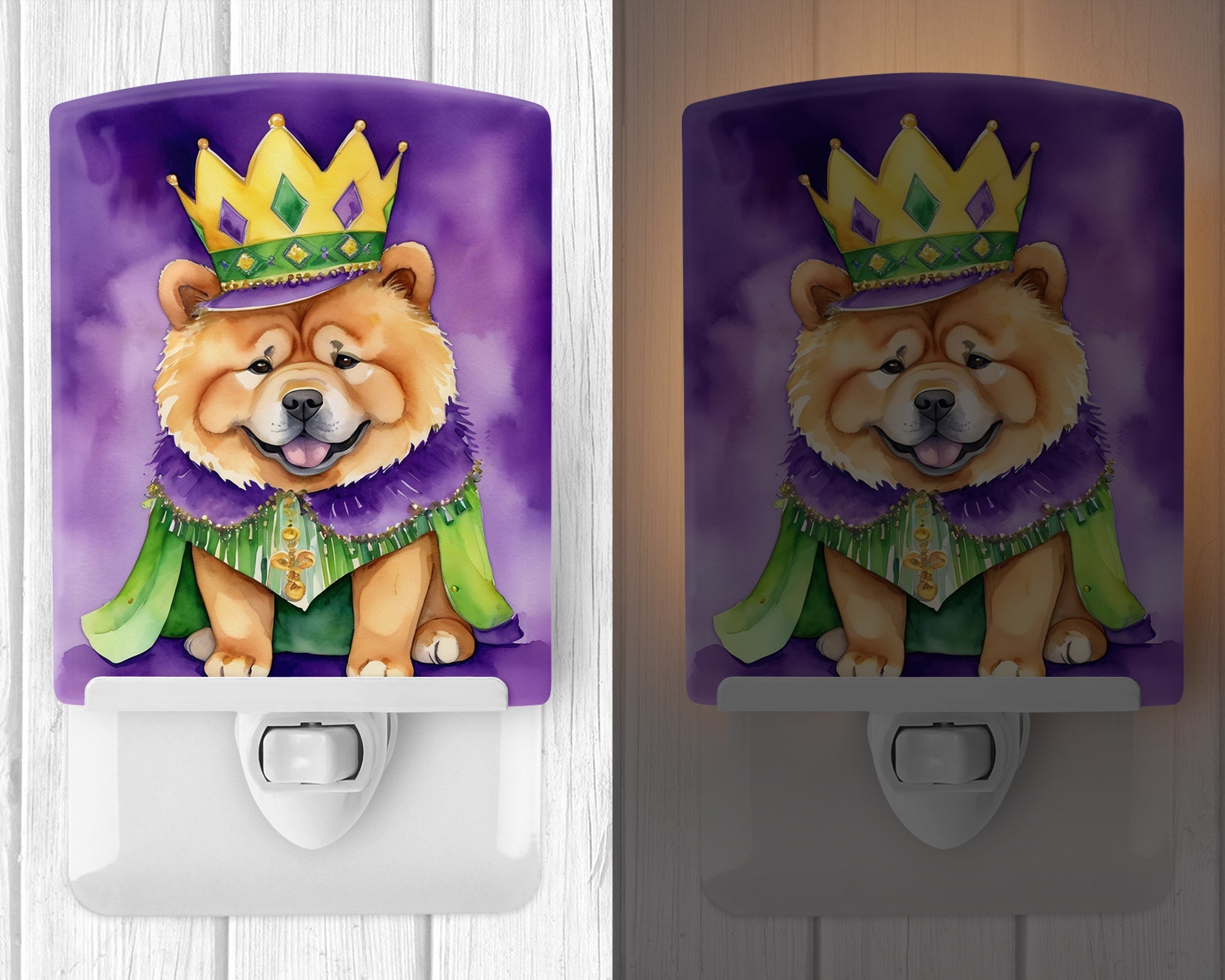 Chow Chow King of Mardi Gras Ceramic Night Light Compact, UL-Certified, Ideal for Bedroom, Bathroom, Nursery, Hallway, Kitchen, 6x4x3, Multicolor