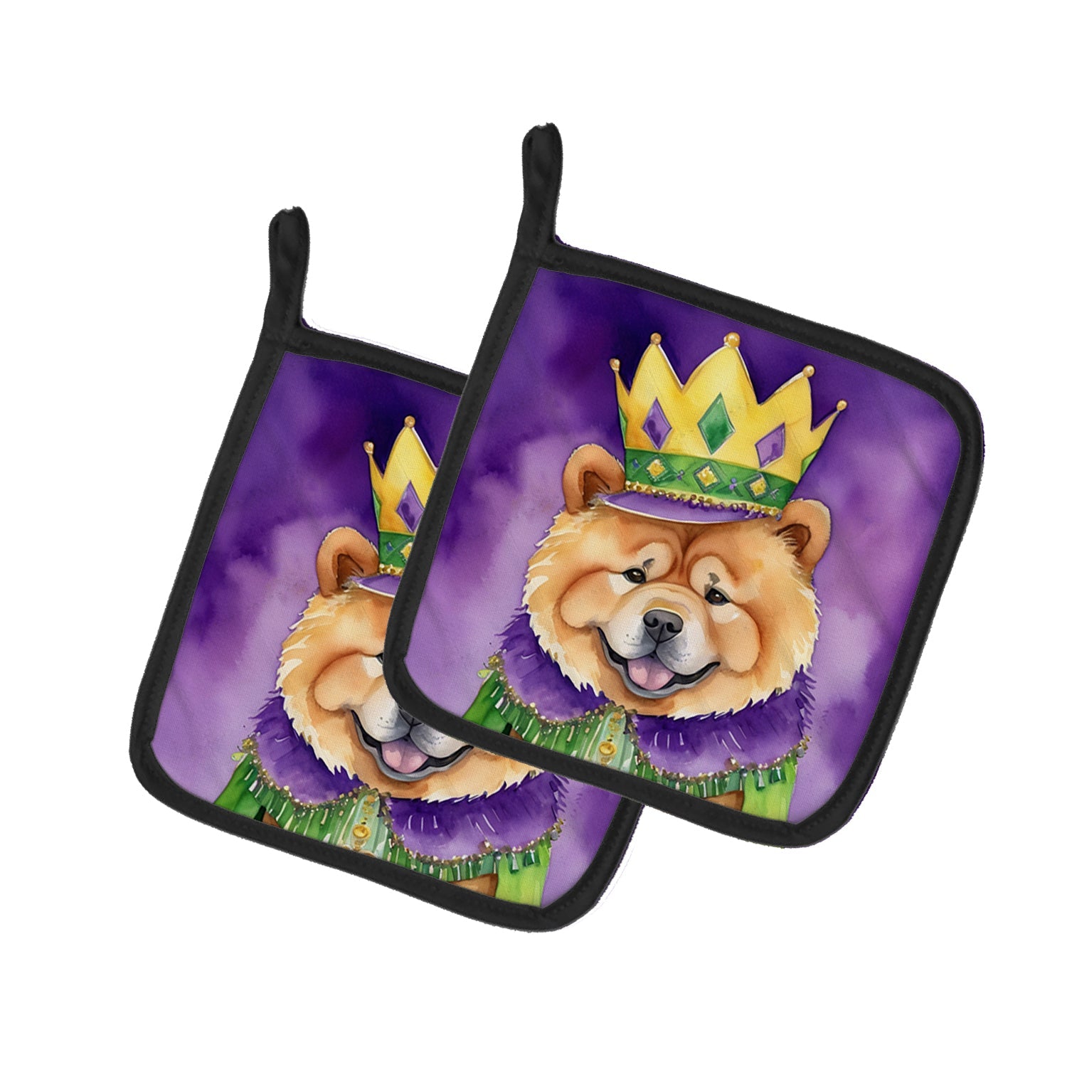 Chow Chow King of Mardi Gras Pot Holder Set of 2 Heat Resistant Quilted Hot Pads 7.5 x 7.5 Inch, Insulated Kitchen Trivets for Cooking & Baking