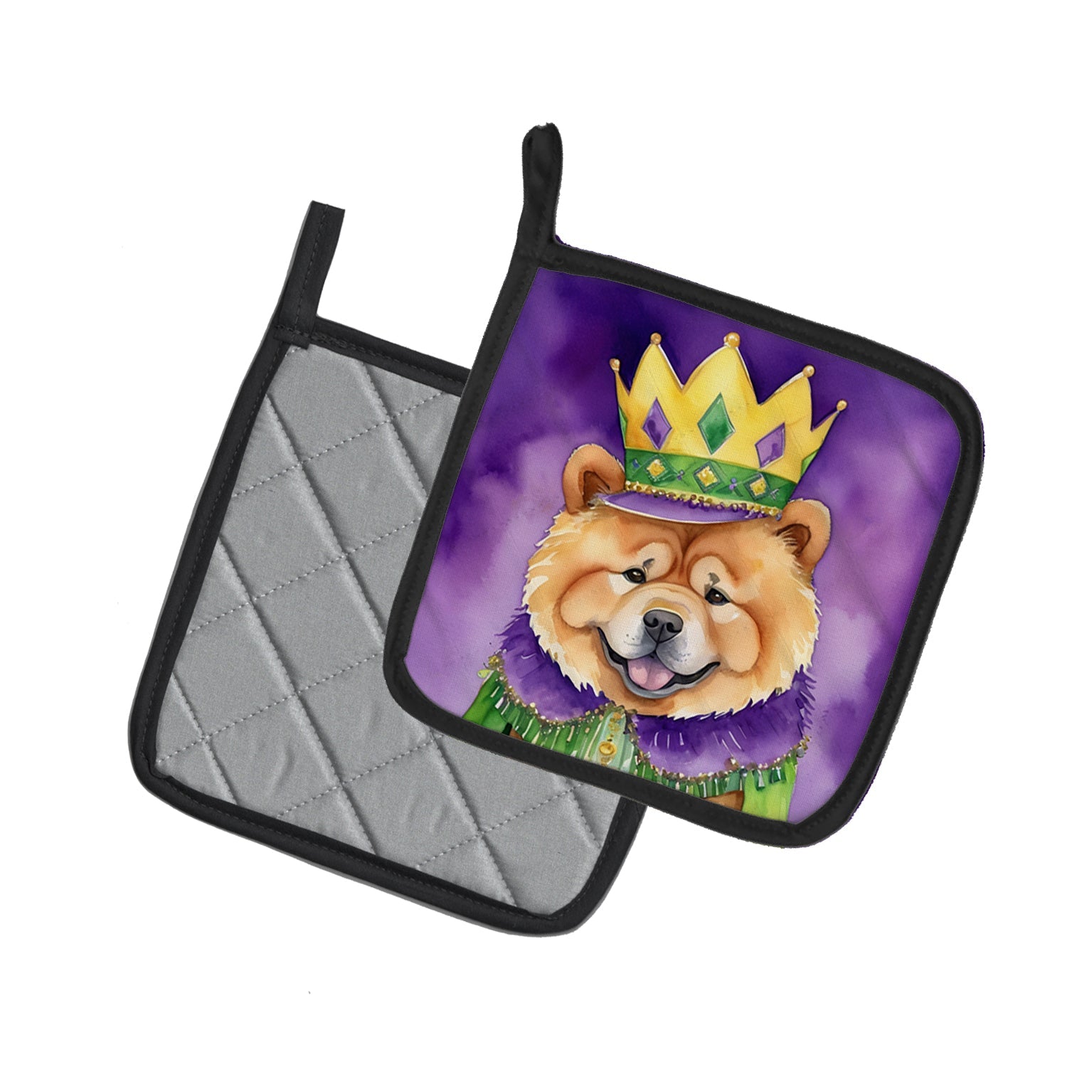 Chow Chow King of Mardi Gras Pot Holder Set of 2 Heat Resistant Quilted Hot Pads 7.5 x 7.5 Inch, Insulated Kitchen Trivets for Cooking & Baking