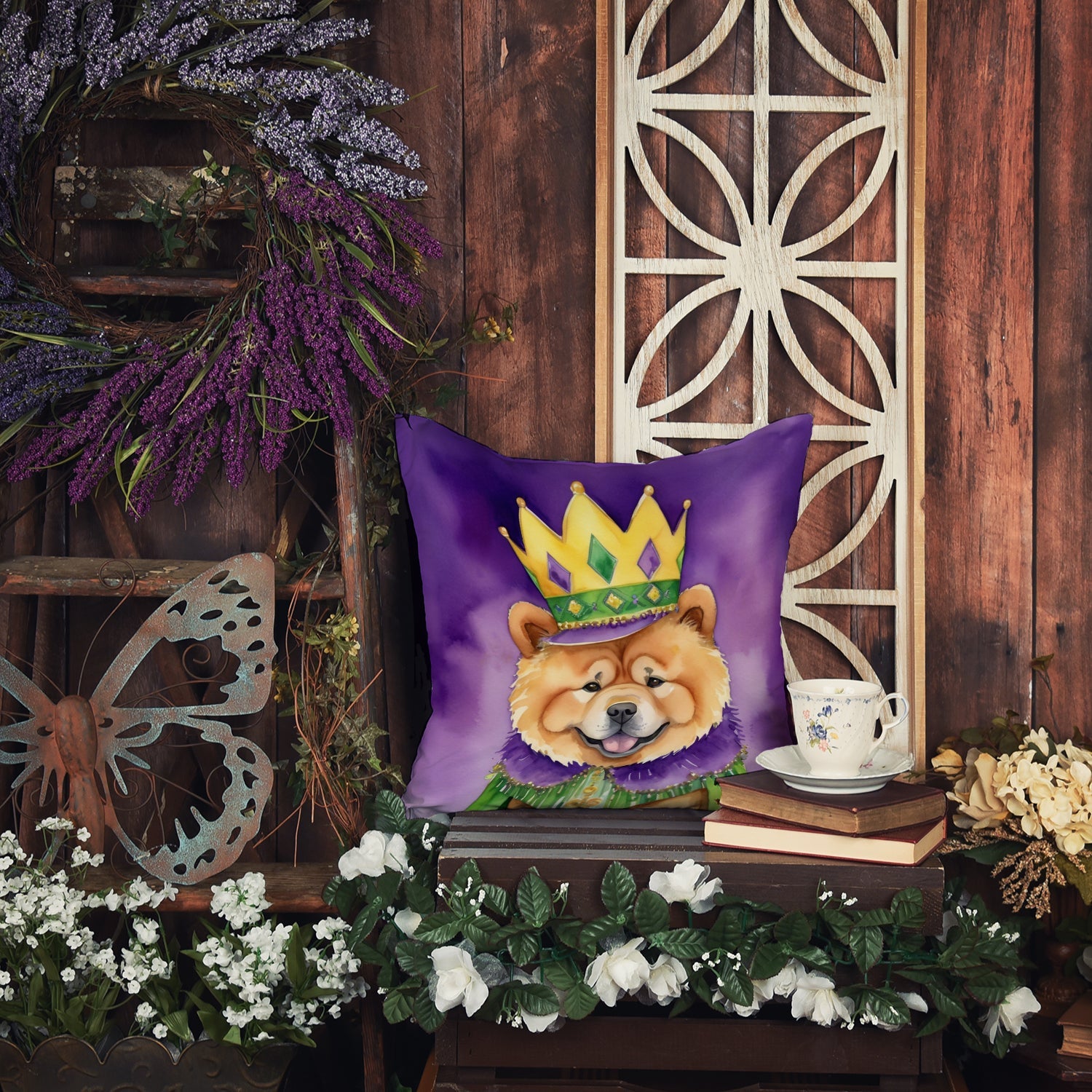 Chow Chow King of Mardi Gras Decorative Throw Pillow 18x18 Indoor Outdoor Accent Cushion, Fabric Cover with Insert for Sofa, Bed, Porch & Living Room