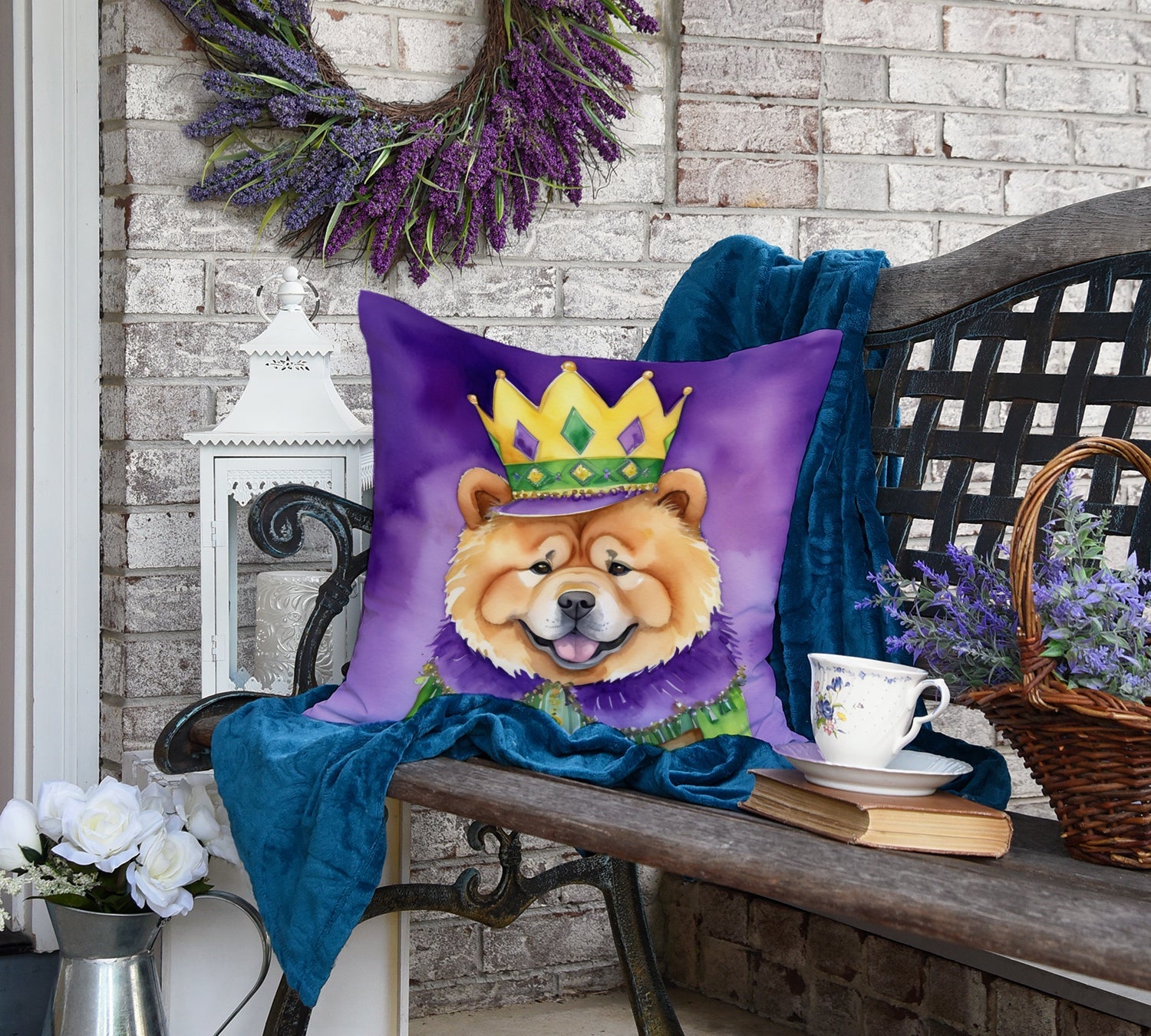 Chow Chow King of Mardi Gras Decorative Throw Pillow 18x18 Indoor Outdoor Accent Cushion, Fabric Cover with Insert for Sofa, Bed, Porch & Living Room