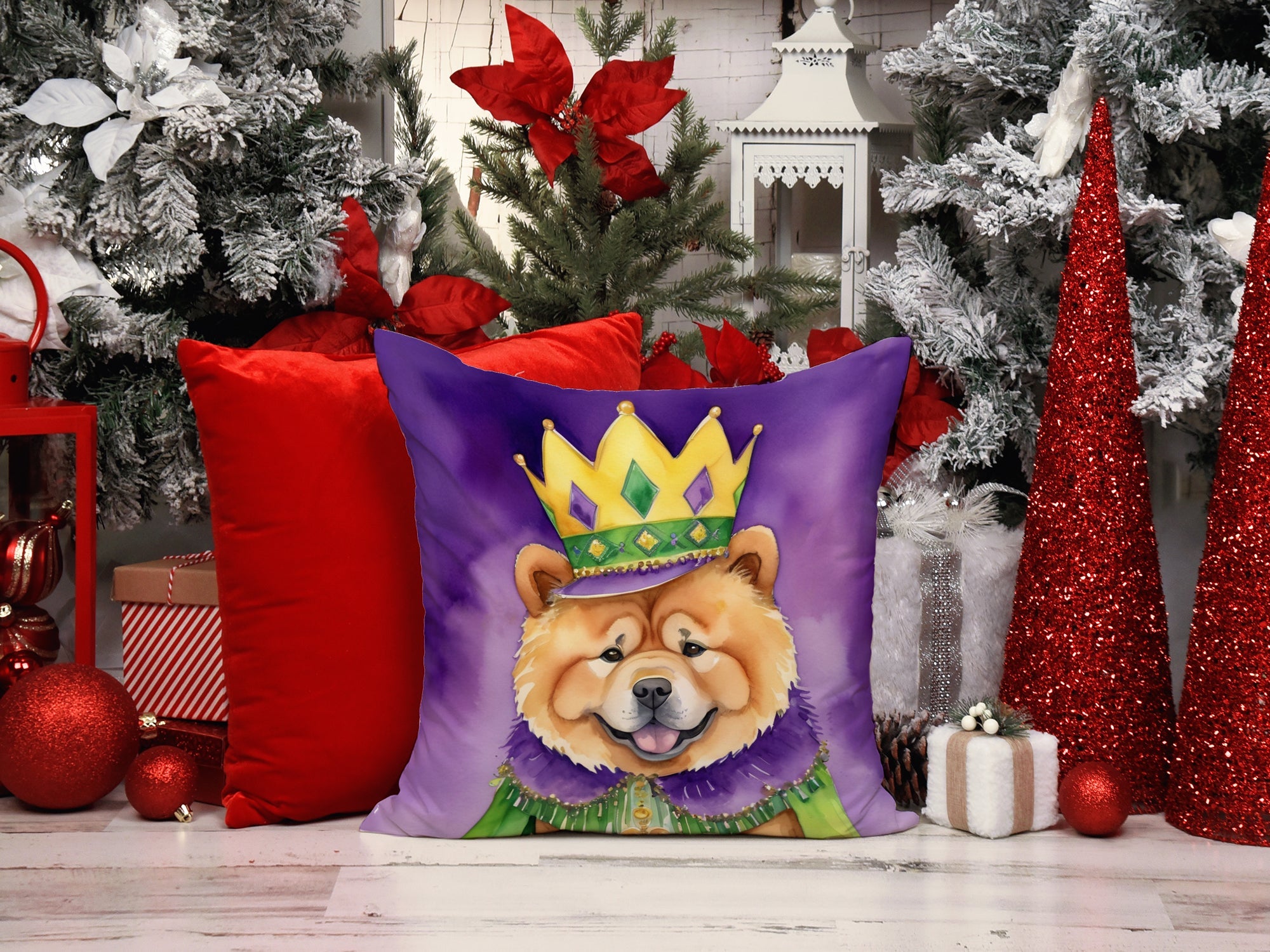 Chow Chow King of Mardi Gras Decorative Throw Pillow 18x18 Indoor Outdoor Accent Cushion, Fabric Cover with Insert for Sofa, Bed, Porch & Living Room