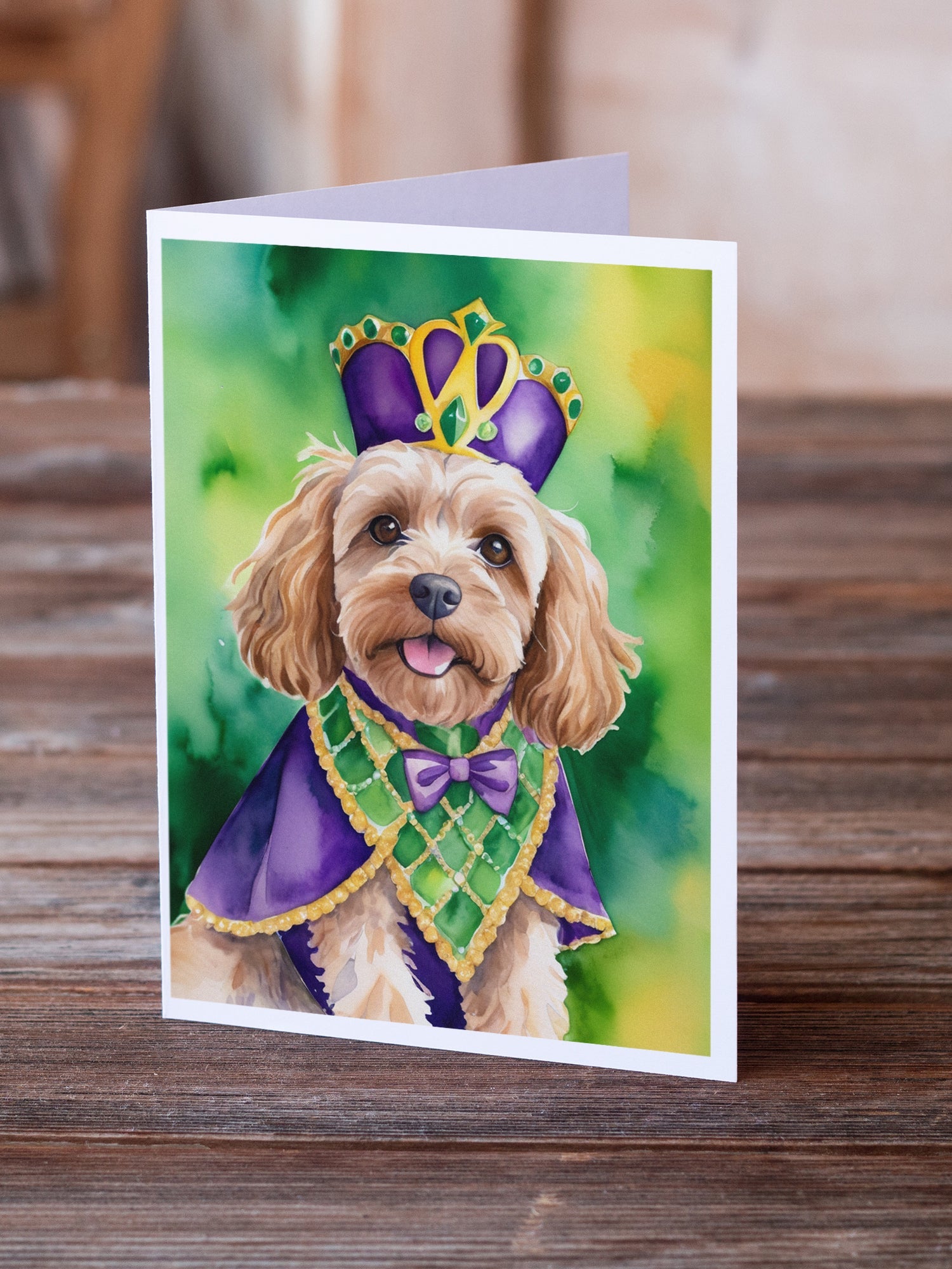 Cockapoo King of Mardi Gras Greeting Cards Pack of 8 Blank Cards with Envelopes Whimsical A7 Size 5x7