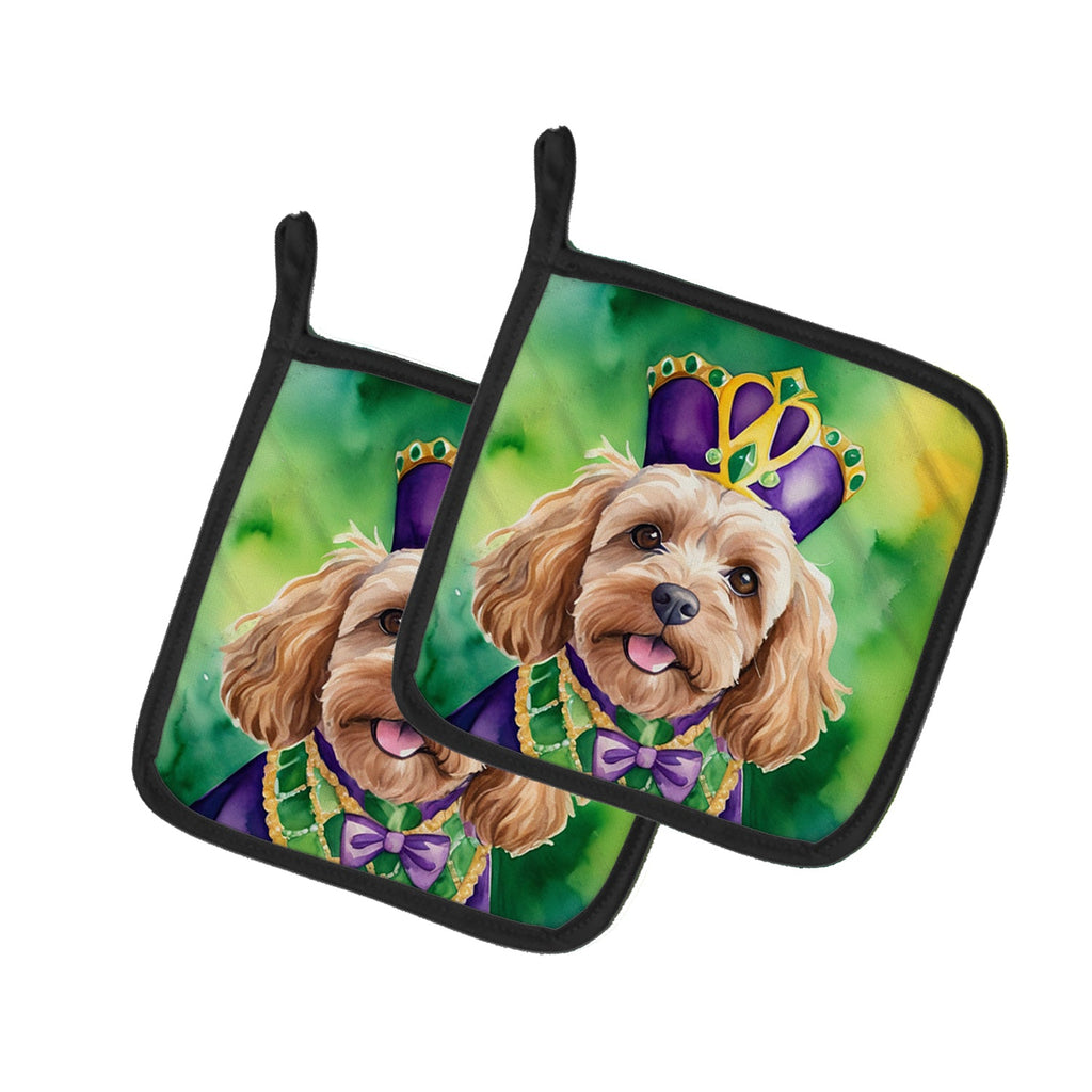 Cockapoo King of Mardi Gras Pot Holder Set of 2 Heat Resistant Quilted Hot Pads 7.5 x 7.5 Inch, Insulated Kitchen Trivets for Cooking & Baking