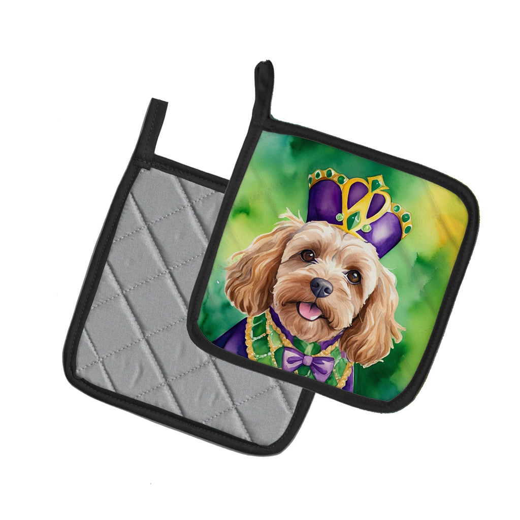 Cockapoo King of Mardi Gras Pot Holder Set of 2 Heat Resistant Quilted Hot Pads 7.5 x 7.5 Inch, Insulated Kitchen Trivets for Cooking & Baking
