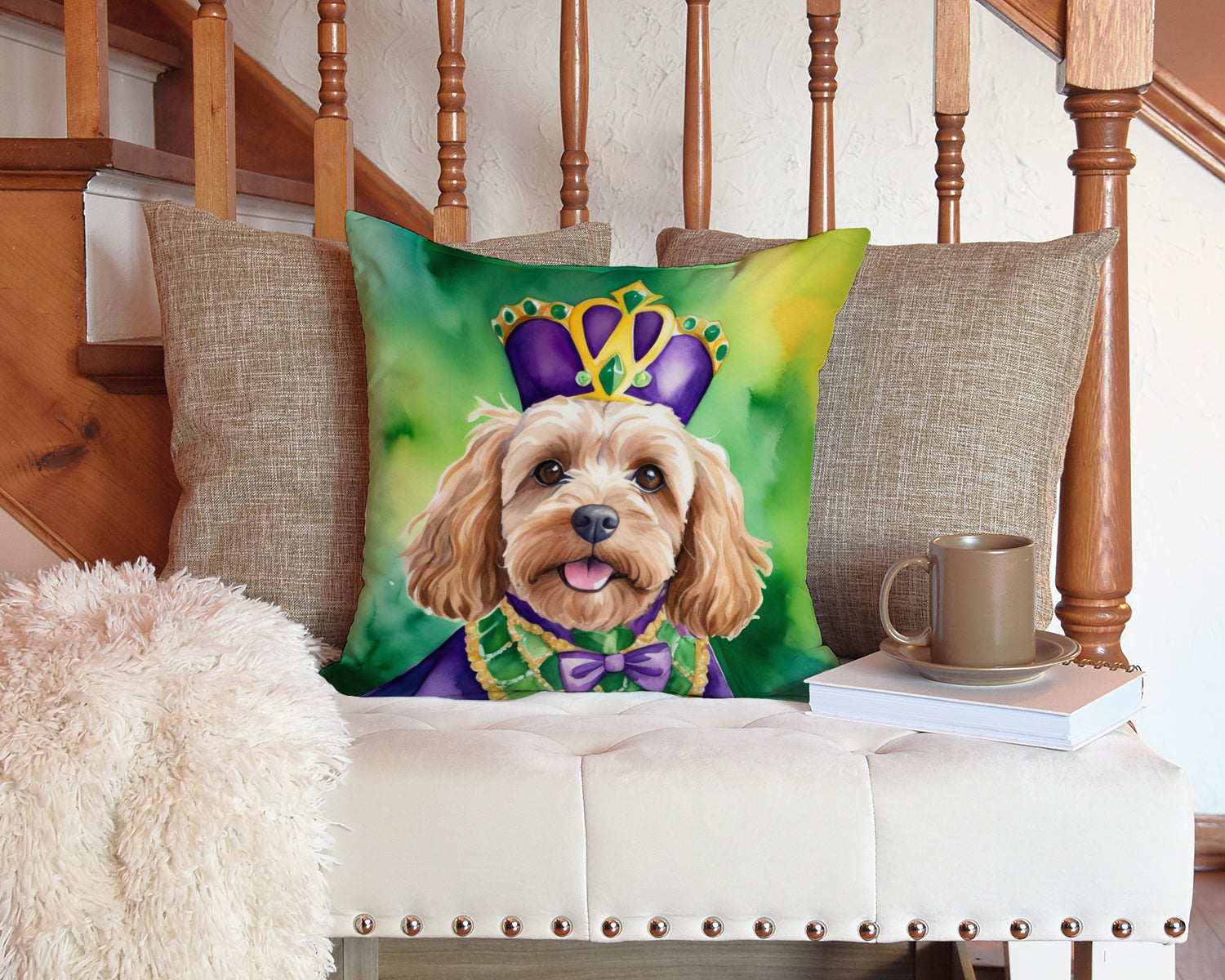 Cockapoo King of Mardi Gras Decorative Throw Pillow 14x14 Indoor Outdoor Accent Cushion, Fabric Cover with Insert for Sofa, Bed, Porch & Living Room