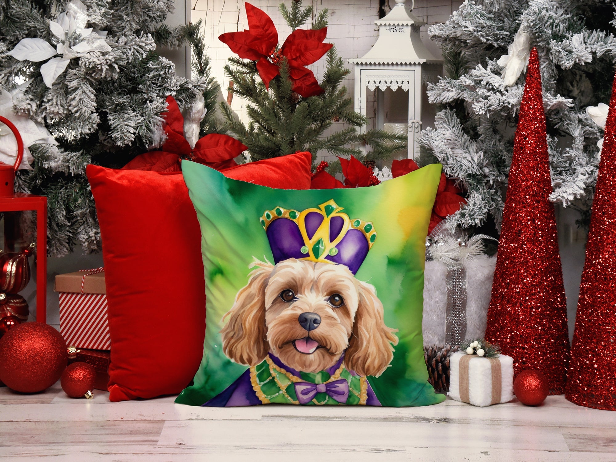 Cockapoo King of Mardi Gras Decorative Throw Pillow 18x18 Indoor Outdoor Accent Cushion, Fabric Cover with Insert for Sofa, Bed, Porch & Living Room