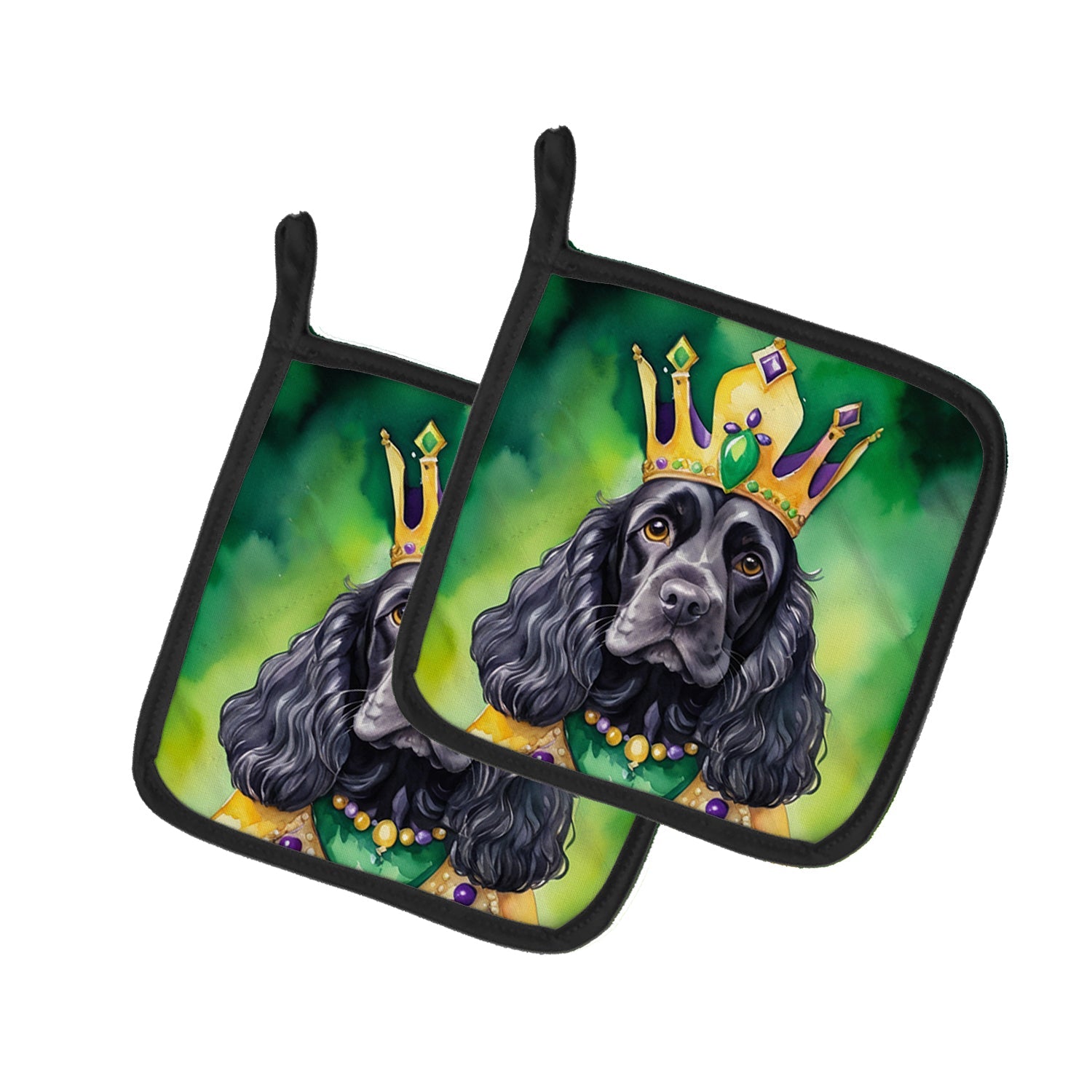 Cocker Spaniel King of Mardi Gras Pot Holder Set of 2 Heat Resistant Quilted Hot Pads 7.5 x 7.5 Inch, Insulated Kitchen Trivets for Cooking & Baking
