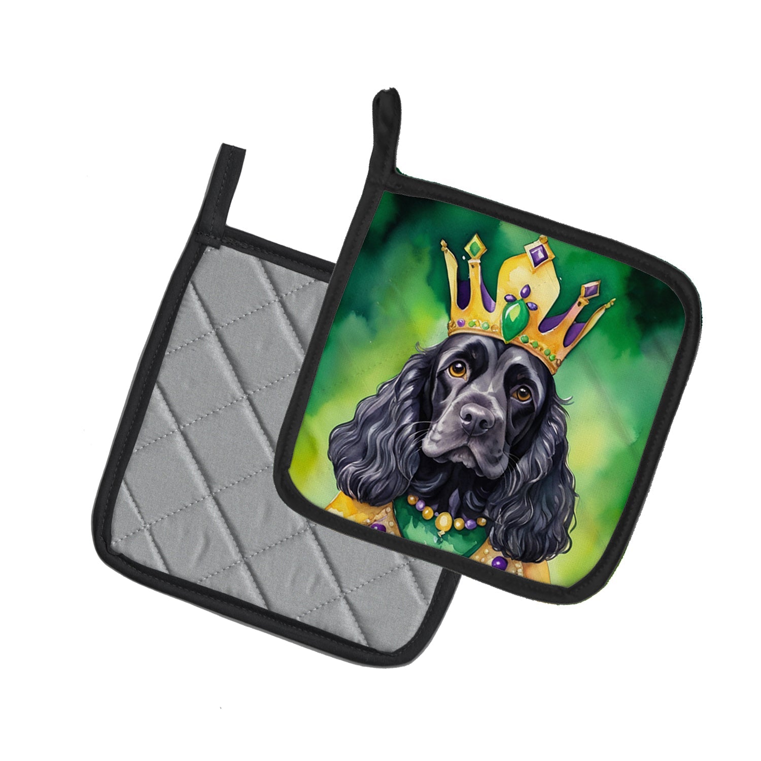 Cocker Spaniel King of Mardi Gras Pot Holder Set of 2 Heat Resistant Quilted Hot Pads 7.5 x 7.5 Inch, Insulated Kitchen Trivets for Cooking & Baking