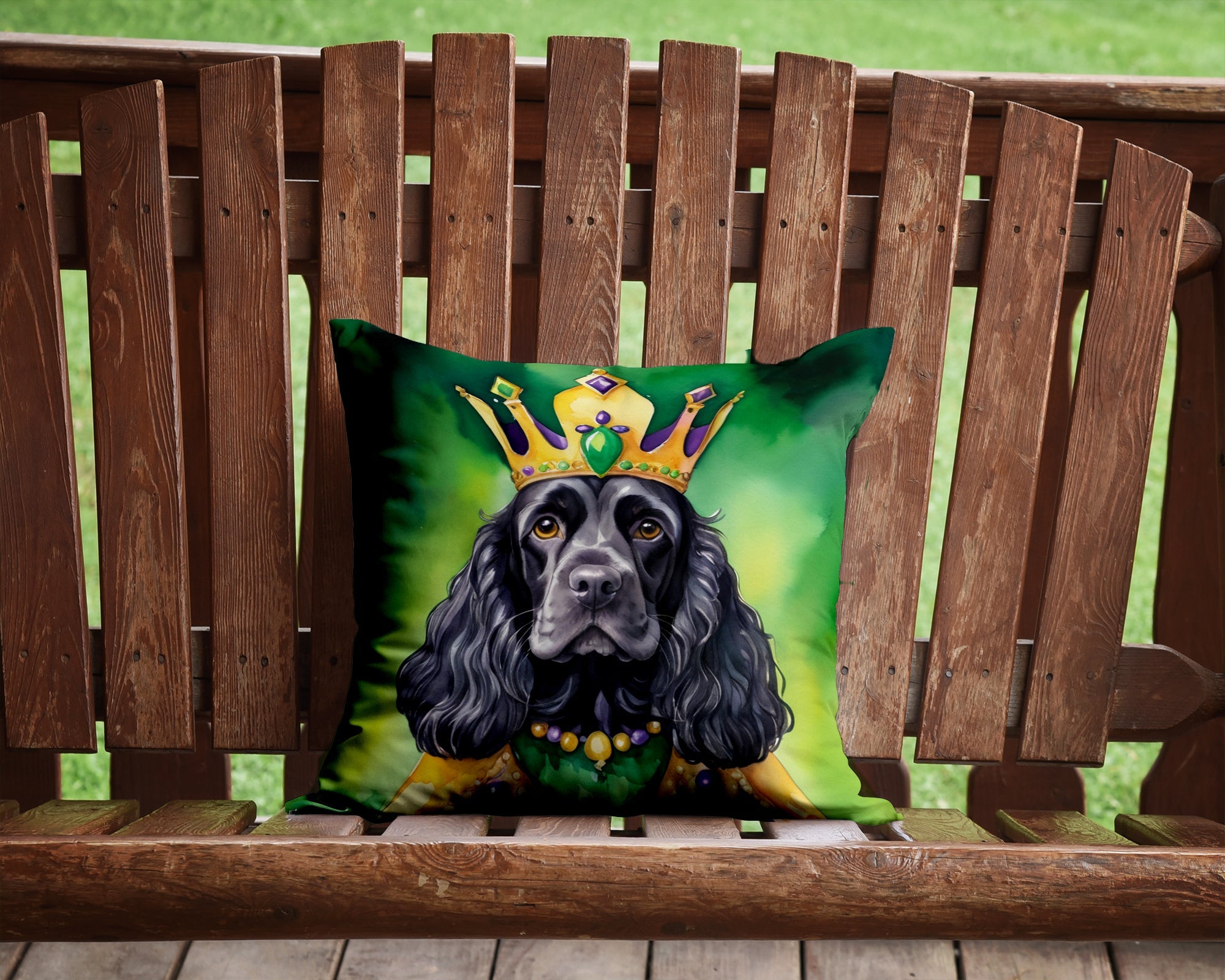 Cocker Spaniel King of Mardi Gras Decorative Throw Pillow 14x14 Indoor Outdoor Accent Cushion, Fabric Cover with Insert for Sofa, Bed, Porch & Living Room