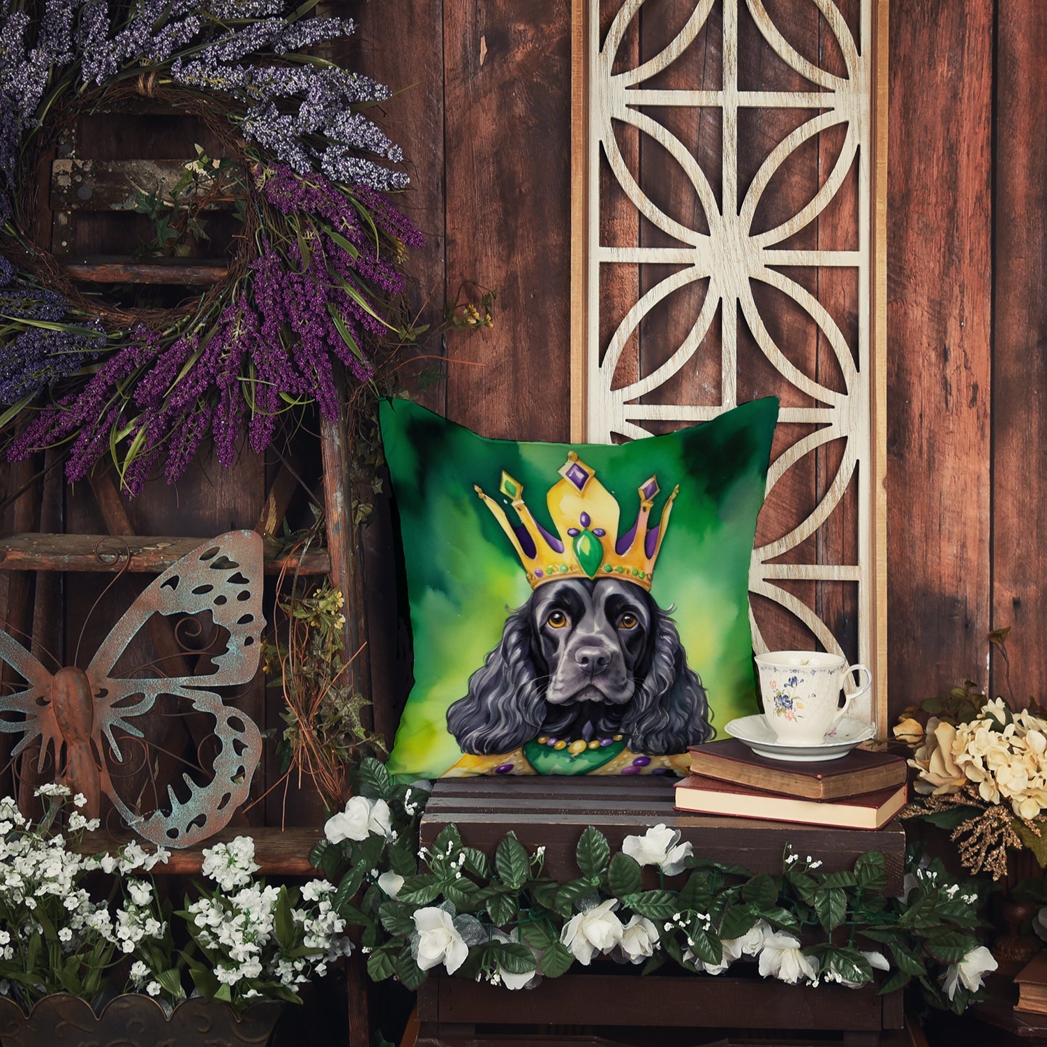 Cocker Spaniel King of Mardi Gras Decorative Throw Pillow 14x14 Indoor Outdoor Accent Cushion, Fabric Cover with Insert for Sofa, Bed, Porch & Living Room