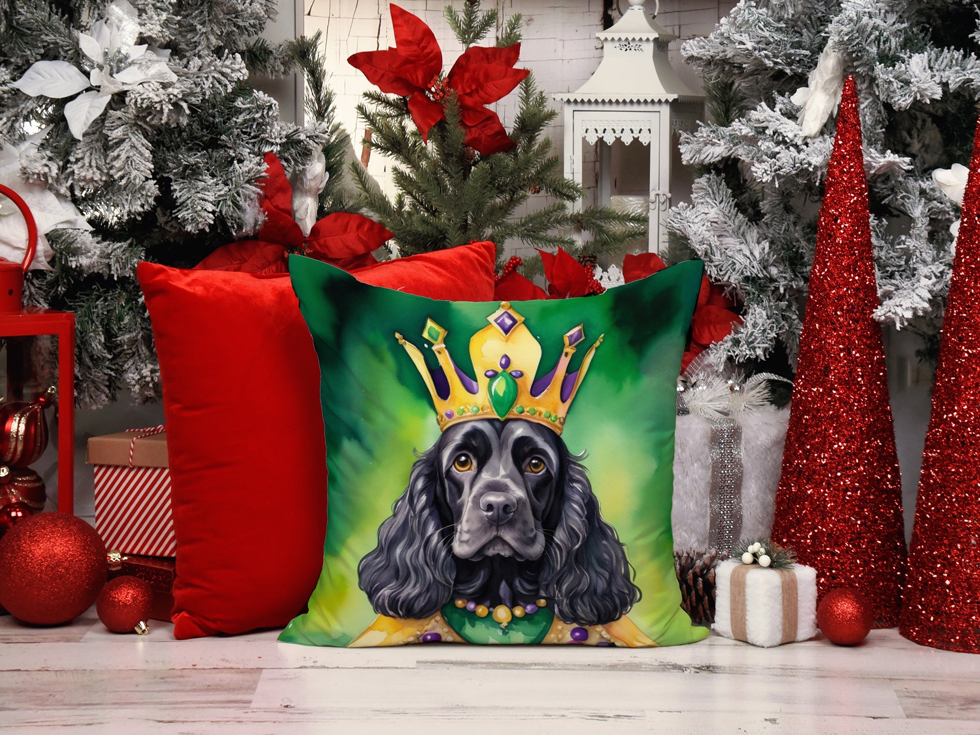 Cocker Spaniel King of Mardi Gras Decorative Throw Pillow 14x14 Indoor Outdoor Accent Cushion, Fabric Cover with Insert for Sofa, Bed, Porch & Living Room