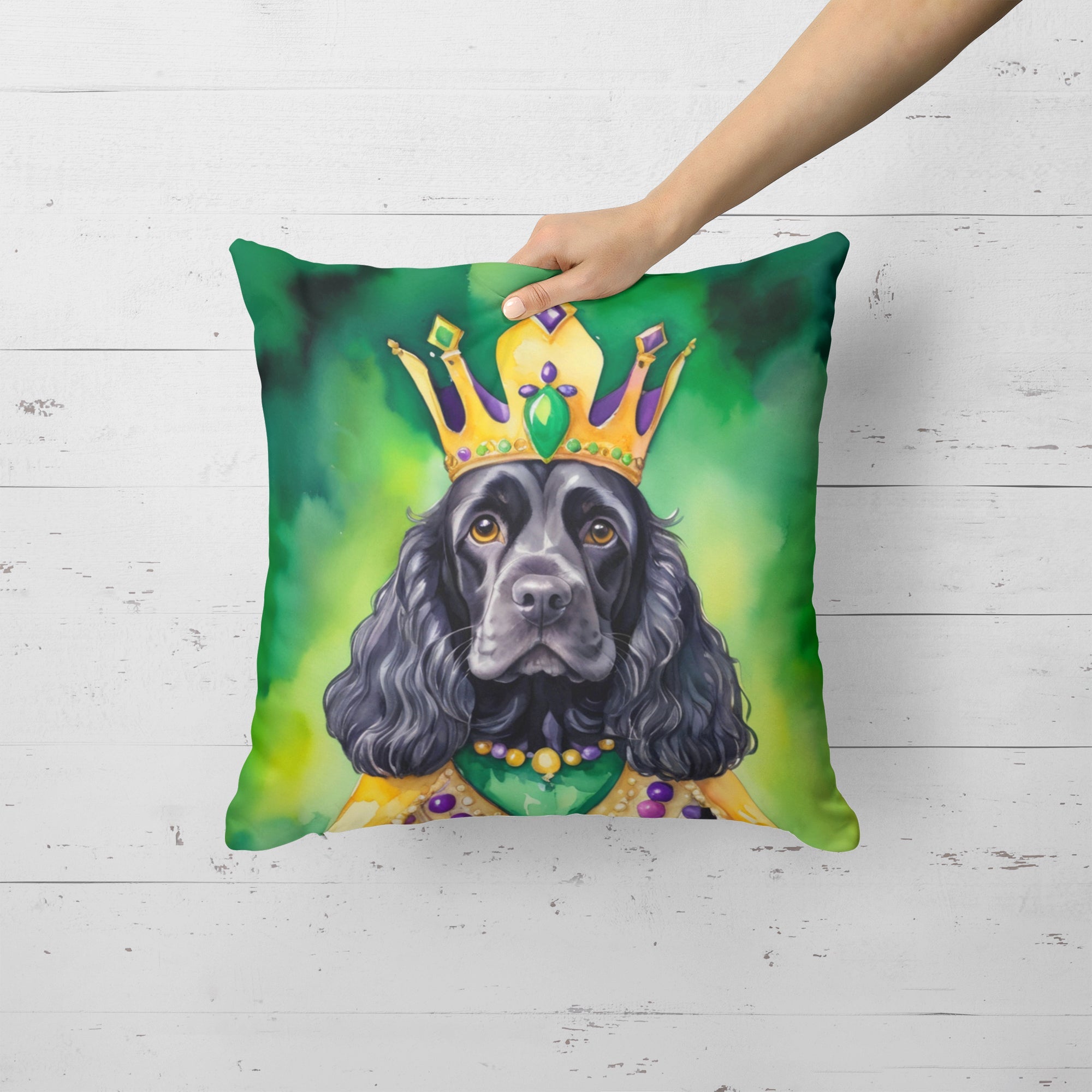 Cocker Spaniel King of Mardi Gras Decorative Throw Pillow 18x18 Indoor Outdoor Accent Cushion, Fabric Cover with Insert for Sofa, Bed, Porch & Living Room
