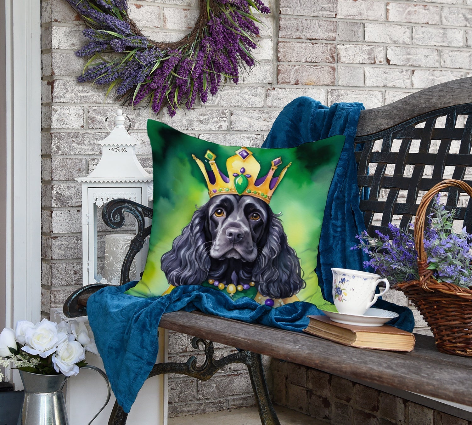 Cocker Spaniel King of Mardi Gras Decorative Throw Pillow 18x18 Indoor Outdoor Accent Cushion, Fabric Cover with Insert for Sofa, Bed, Porch & Living Room