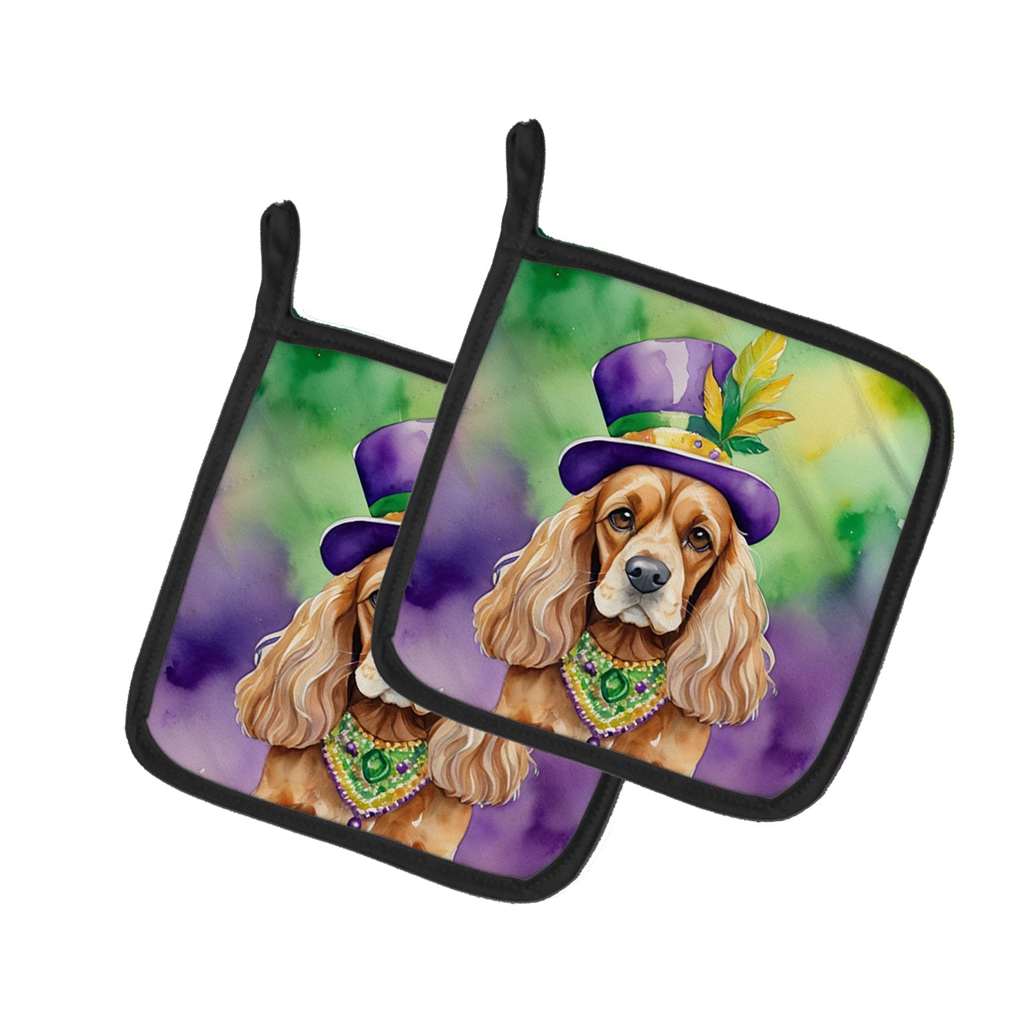 Cocker Spaniel King of Mardi Gras Pot Holder Set of 2 Heat Resistant Quilted Hot Pads 7.5 x 7.5 Inch, Insulated Kitchen Trivets for Cooking & Baking