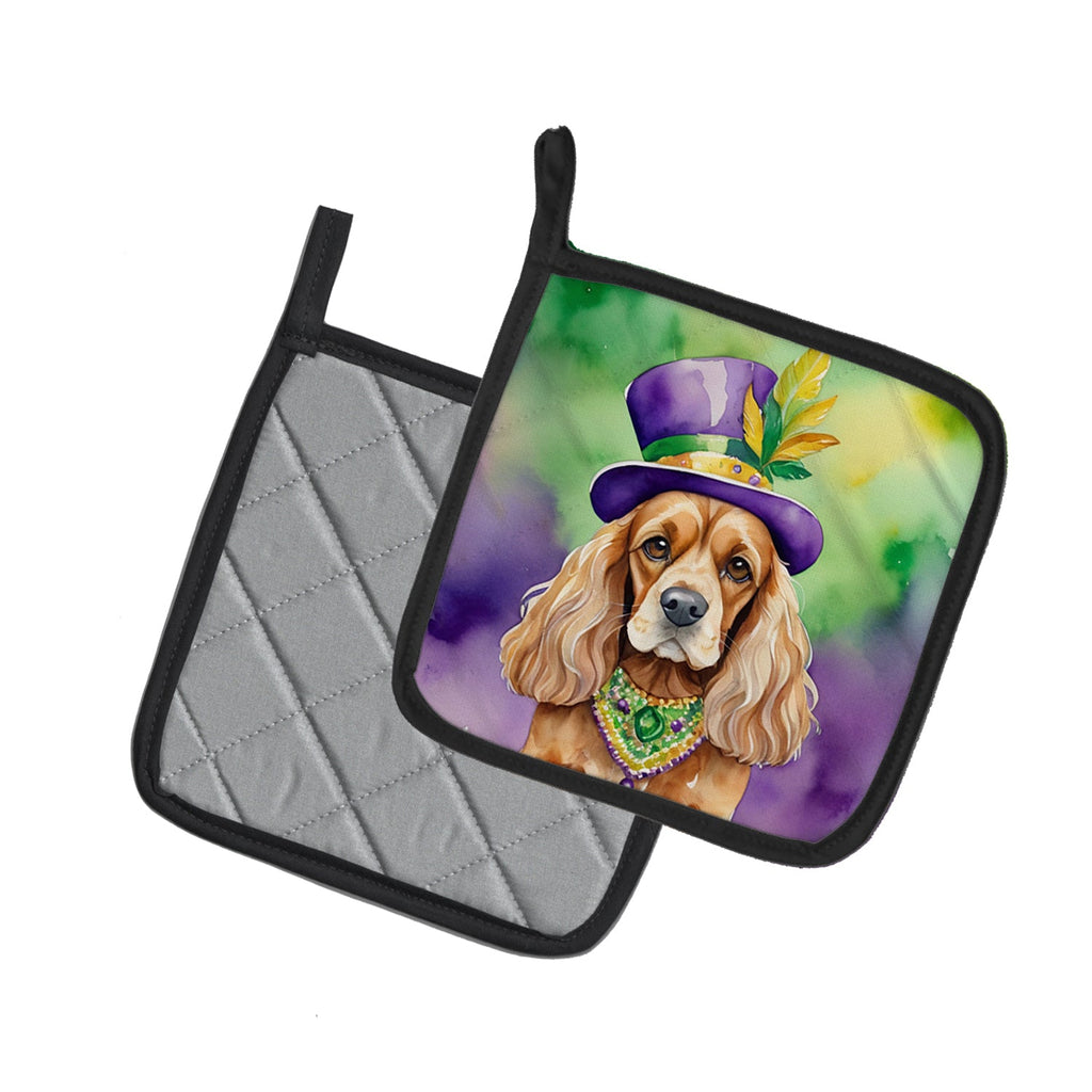 Cocker Spaniel King of Mardi Gras Pot Holder Set of 2 Heat Resistant Quilted Hot Pads 7.5 x 7.5 Inch, Insulated Kitchen Trivets for Cooking & Baking