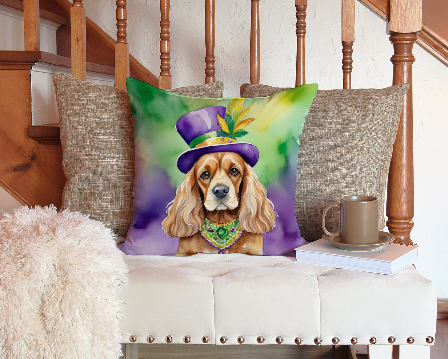 Cocker Spaniel King of Mardi Gras Decorative Throw Pillow 14x14 Indoor Outdoor Accent Cushion, Fabric Cover with Insert for Sofa, Bed, Porch & Living Room
