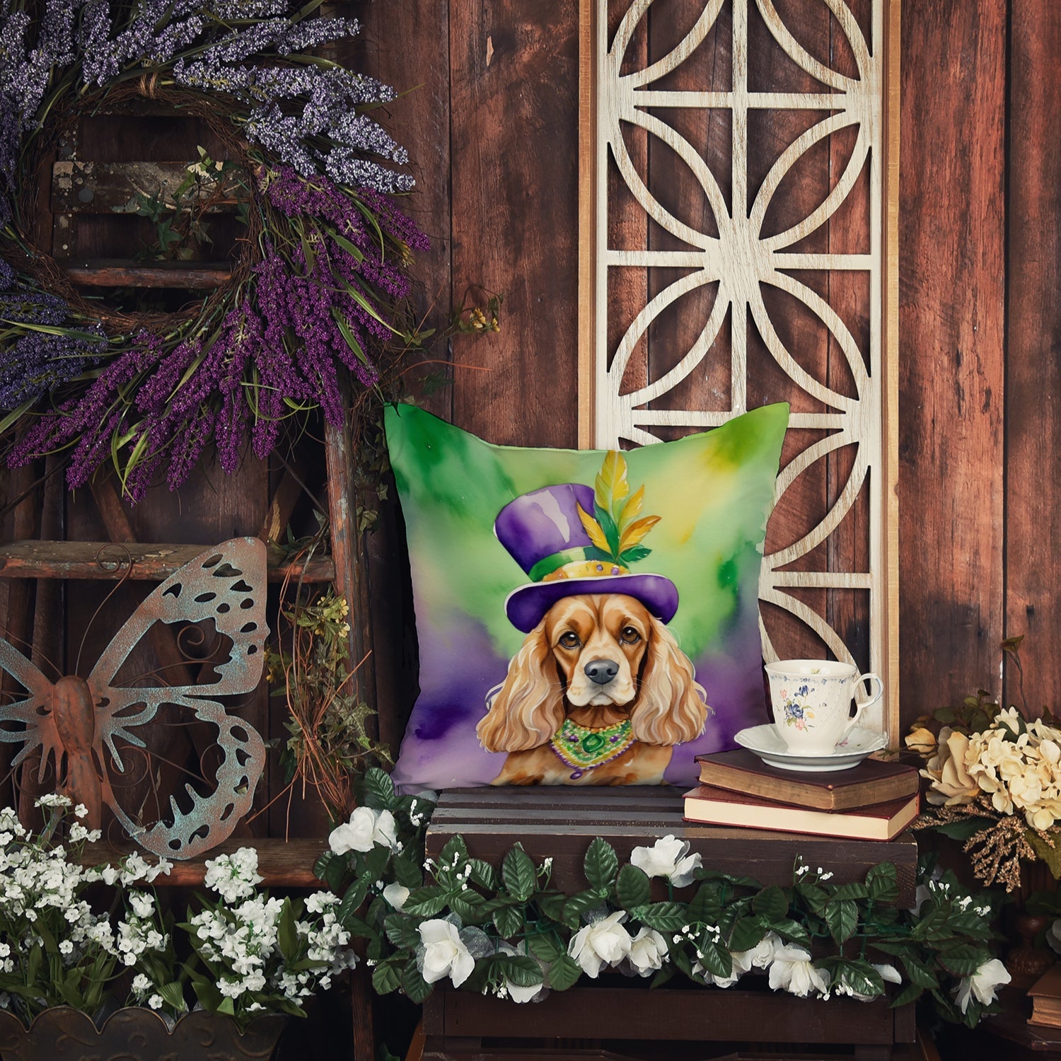 Cocker Spaniel King of Mardi Gras Decorative Throw Pillow 14x14 Indoor Outdoor Accent Cushion, Fabric Cover with Insert for Sofa, Bed, Porch & Living Room