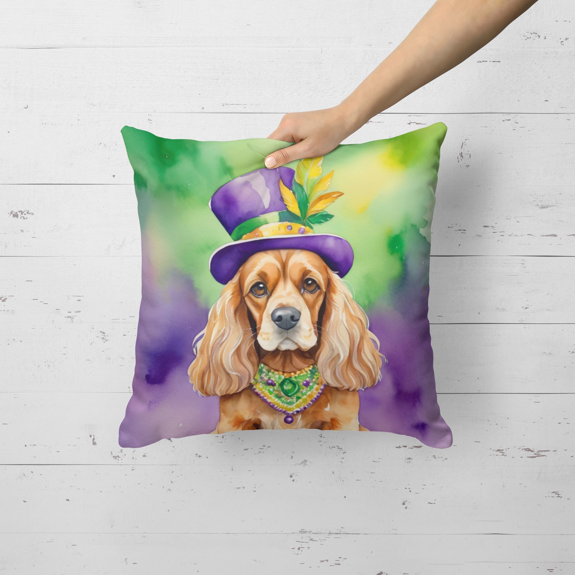Cocker Spaniel King of Mardi Gras Decorative Throw Pillow 18x18 Indoor Outdoor Accent Cushion, Fabric Cover with Insert for Sofa, Bed, Porch & Living Room